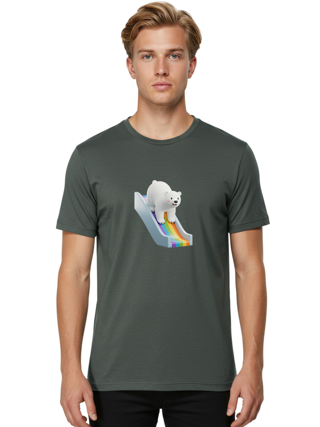 Polar-Bear-On-Slide Men'S Graphic Tee, 100% Cotton, Comfortable Casual Summer Wear, Machine Washable, Polar Bear On A Rainbow Slide, Cute Cartoon Bear, Playful Scene, 3D Illustration, Colorful Slide, Joyful Atmosphere, Kawaii Art, Bae667