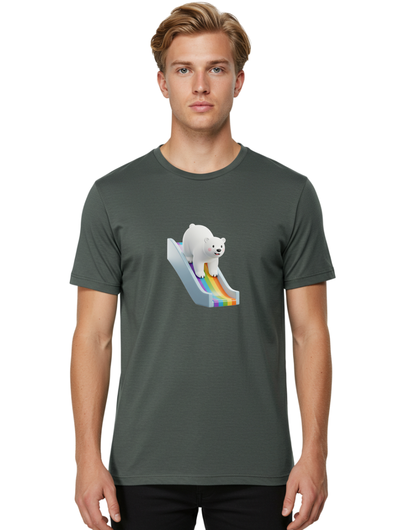 Polar-Bear-On-Slide Men'S Graphic Tee, 100% Cotton, Comfortable Casual Summer Wear, Machine Washable, Polar Bear On A Rainbow Slide, Cute Cartoon Bear, Playful Scene, 3D Illustration, Colorful Slide, Joyful Atmosphere, Kawaii Art, Bae667