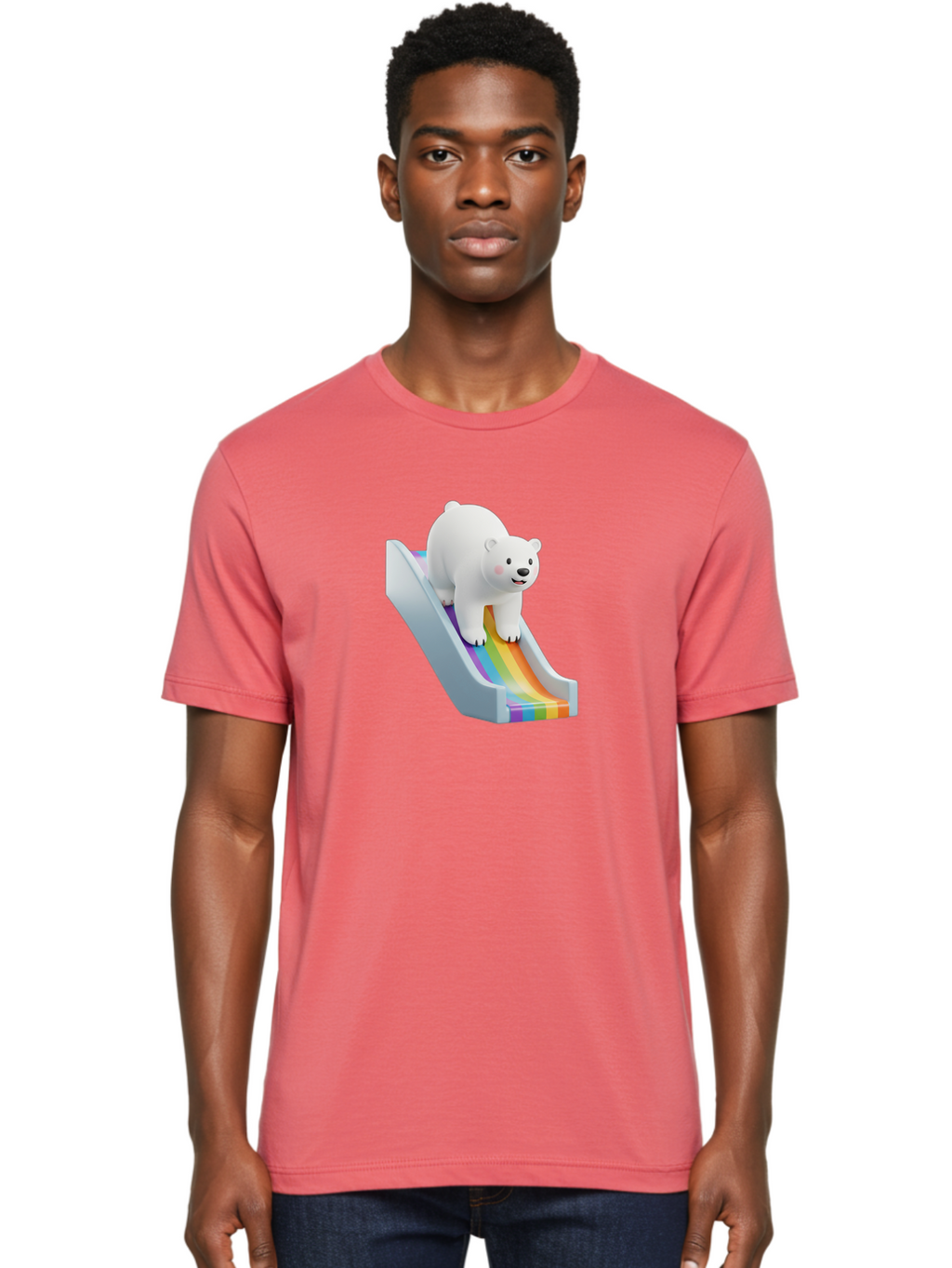 Polar-Bear-On-Slide Men'S Graphic Tee, 100% Cotton, Comfortable Casual Summer Wear, Machine Washable, Polar Bear On A Rainbow Slide, Cute Cartoon Bear, Playful Scene, 3D Illustration, Colorful Slide, Joyful Atmosphere, Kawaii Art, Bae667