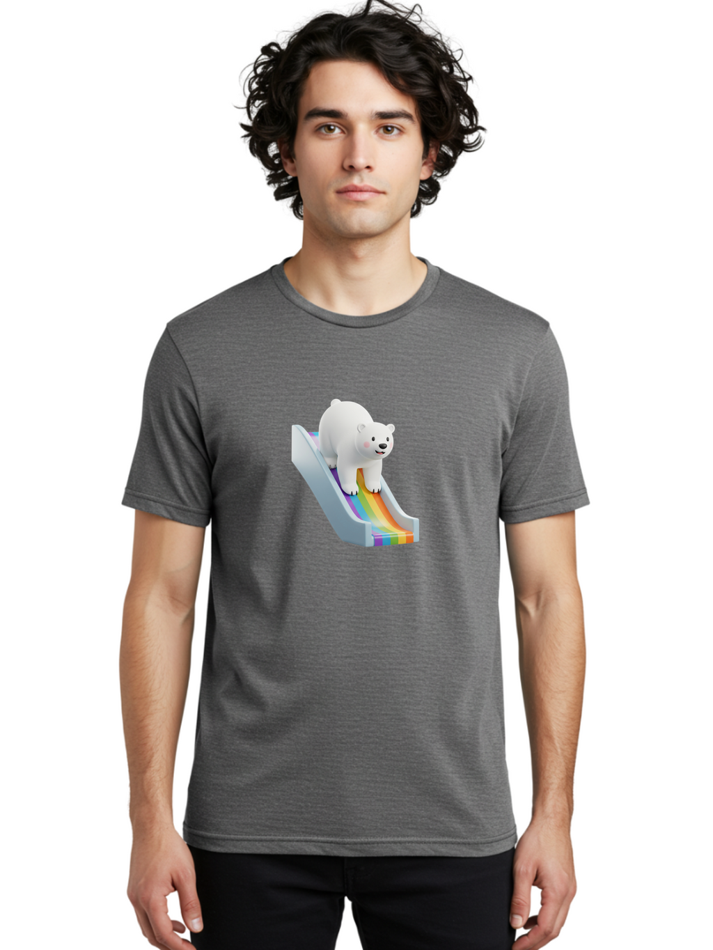 Polar-Bear-On-Slide Men'S Graphic Tee, 100% Cotton, Comfortable Casual Summer Wear, Machine Washable, Polar Bear On A Rainbow Slide, Cute Cartoon Bear, Playful Scene, 3D Illustration, Colorful Slide, Joyful Atmosphere, Kawaii Art, Bae667