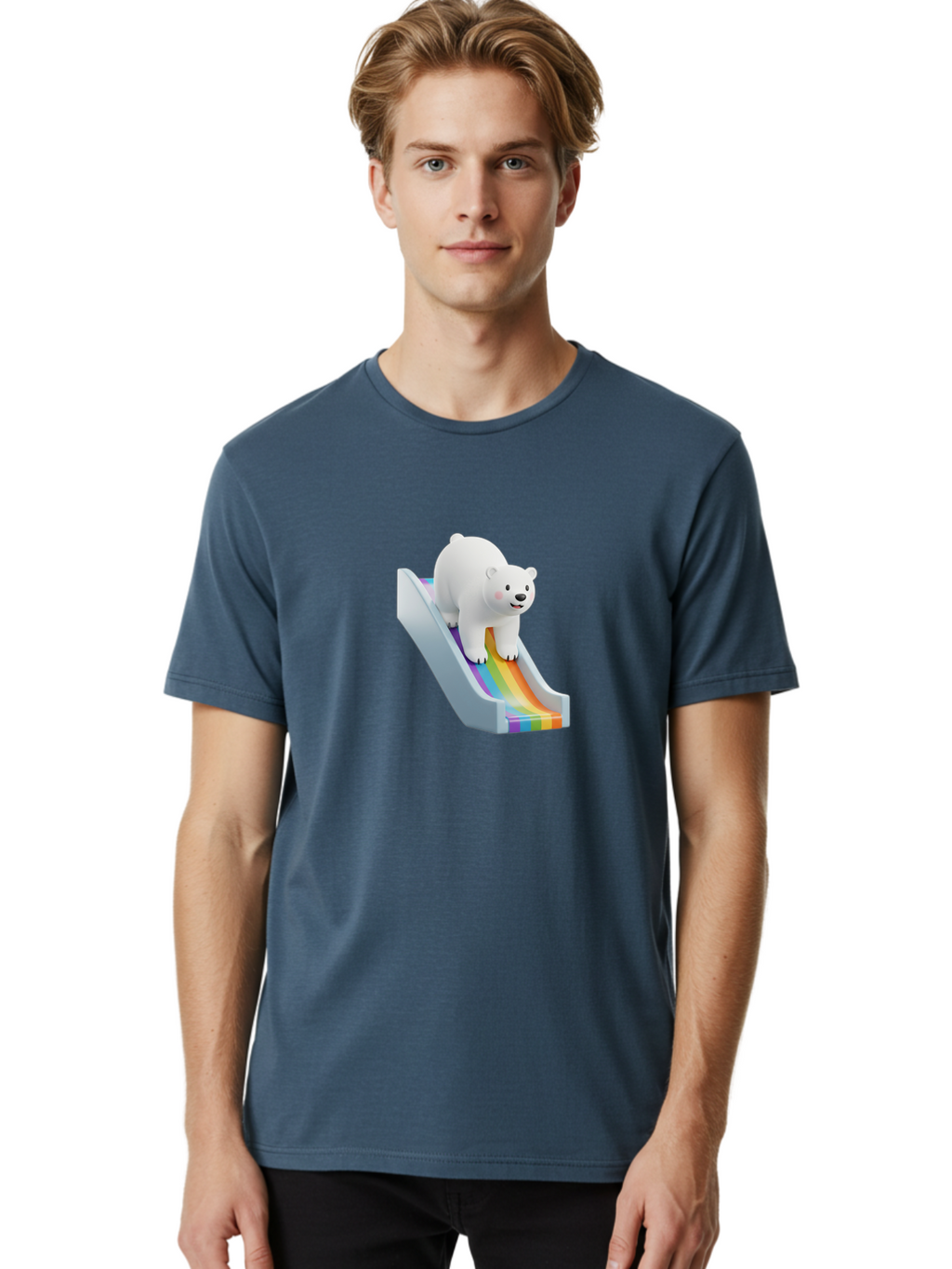 Polar-Bear-On-Slide Men'S Graphic Tee, 100% Cotton, Comfortable Casual Summer Wear, Machine Washable, Polar Bear On A Rainbow Slide, Cute Cartoon Bear, Playful Scene, 3D Illustration, Colorful Slide, Joyful Atmosphere, Kawaii Art, Bae667
