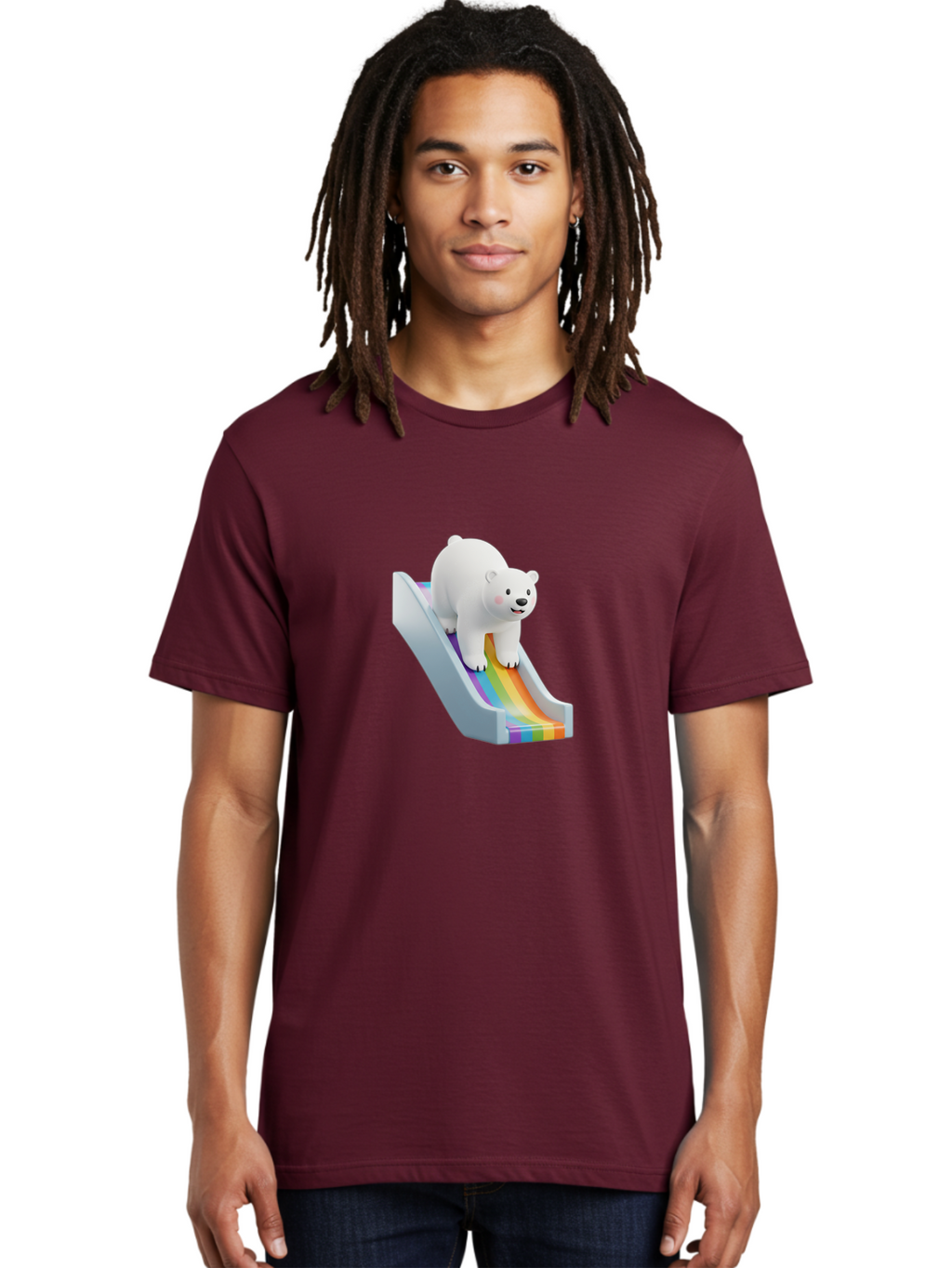 Polar-Bear-On-Slide Men'S Graphic Tee, 100% Cotton, Comfortable Casual Summer Wear, Machine Washable, Polar Bear On A Rainbow Slide, Cute Cartoon Bear, Playful Scene, 3D Illustration, Colorful Slide, Joyful Atmosphere, Kawaii Art, Bae667