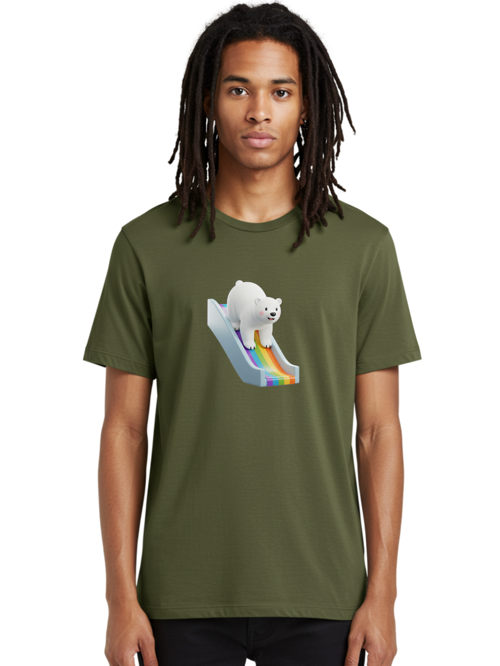 Polar-Bear-On-Slide Men'S Graphic Tee, 100% Cotton, Comfortable Casual Summer Wear, Machine Washable, Polar Bear On A Rainbow Slide, Cute Cartoon Bear, Playful Scene, 3D Illustration, Colorful Slide, Joyful Atmosphere, Kawaii Art, Bae667