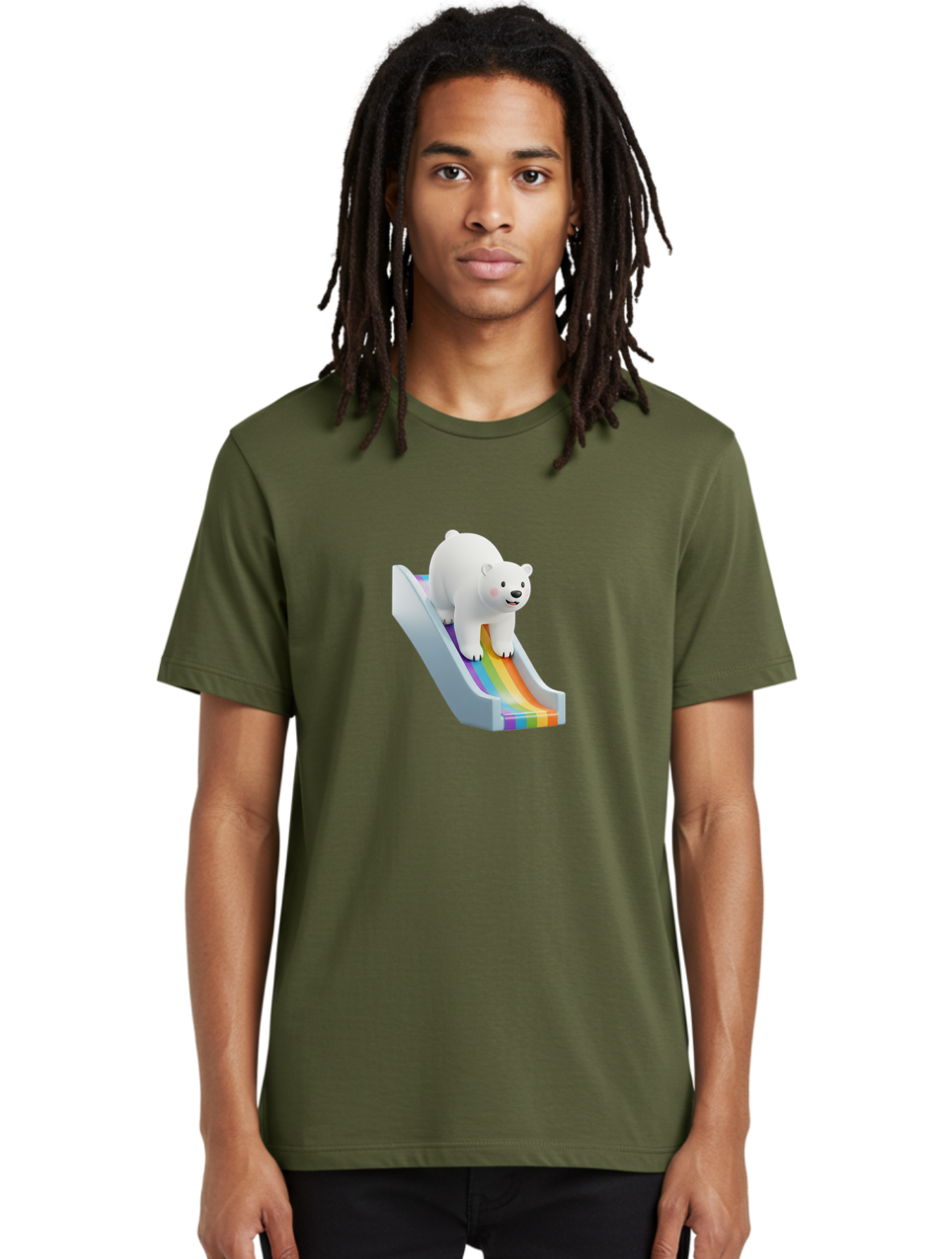 Polar-Bear-On-Slide Men'S Graphic Tee, 100% Cotton, Comfortable Casual Summer Wear, Machine Washable, Polar Bear On A Rainbow Slide, Cute Cartoon Bear, Playful Scene, 3D Illustration, Colorful Slide, Joyful Atmosphere, Kawaii Art, Bae667