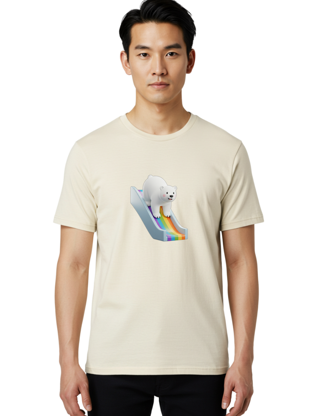 Polar-Bear-On-Slide Men'S Graphic Tee, 100% Cotton, Comfortable Casual Summer Wear, Machine Washable, Polar Bear On A Rainbow Slide, Cute Cartoon Bear, Playful Scene, 3D Illustration, Colorful Slide, Joyful Atmosphere, Kawaii Art, Bae667