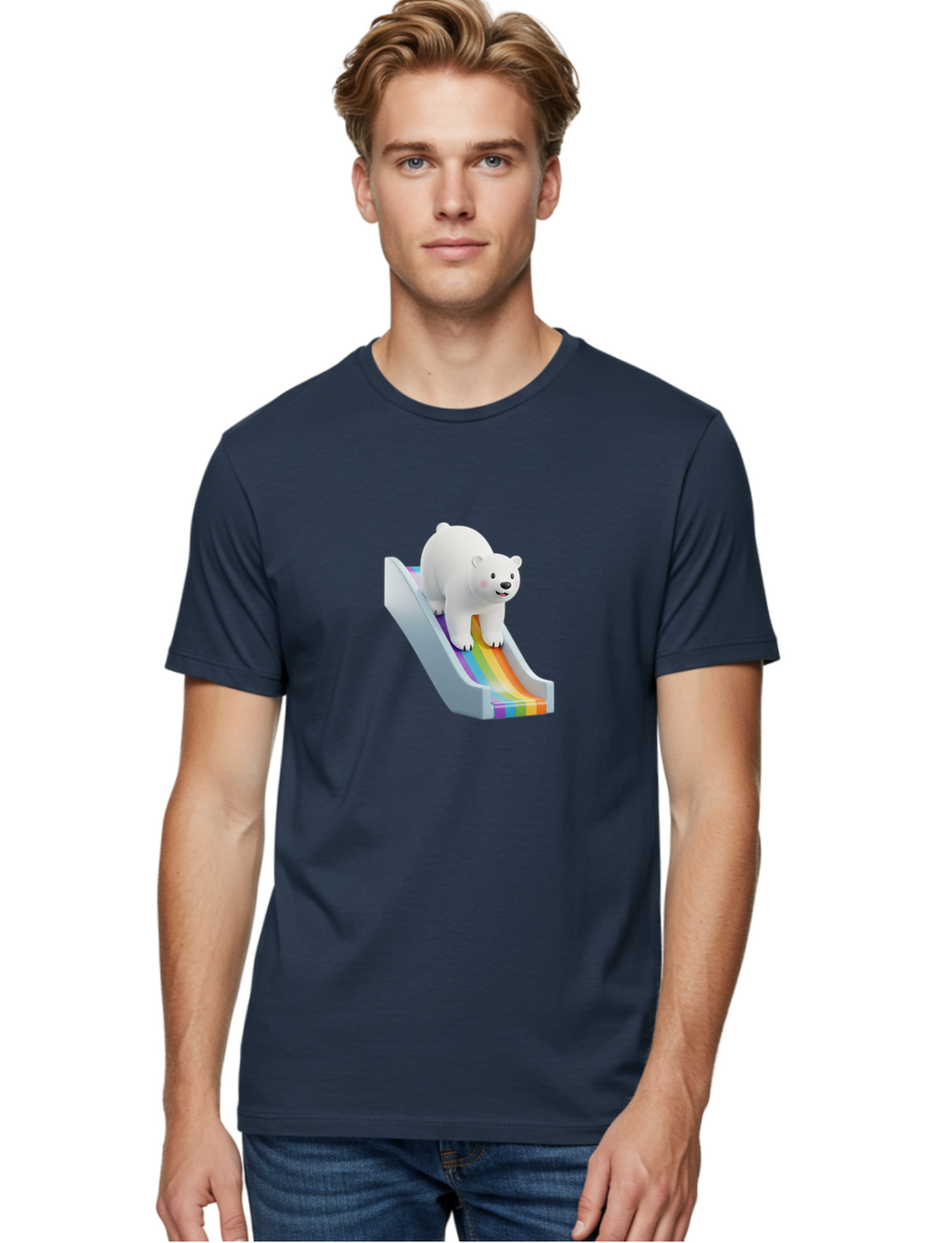 Polar-Bear-On-Slide Men'S Graphic Tee, 100% Cotton, Comfortable Casual Summer Wear, Machine Washable, Polar Bear On A Rainbow Slide, Cute Cartoon Bear, Playful Scene, 3D Illustration, Colorful Slide, Joyful Atmosphere, Kawaii Art, Bae667