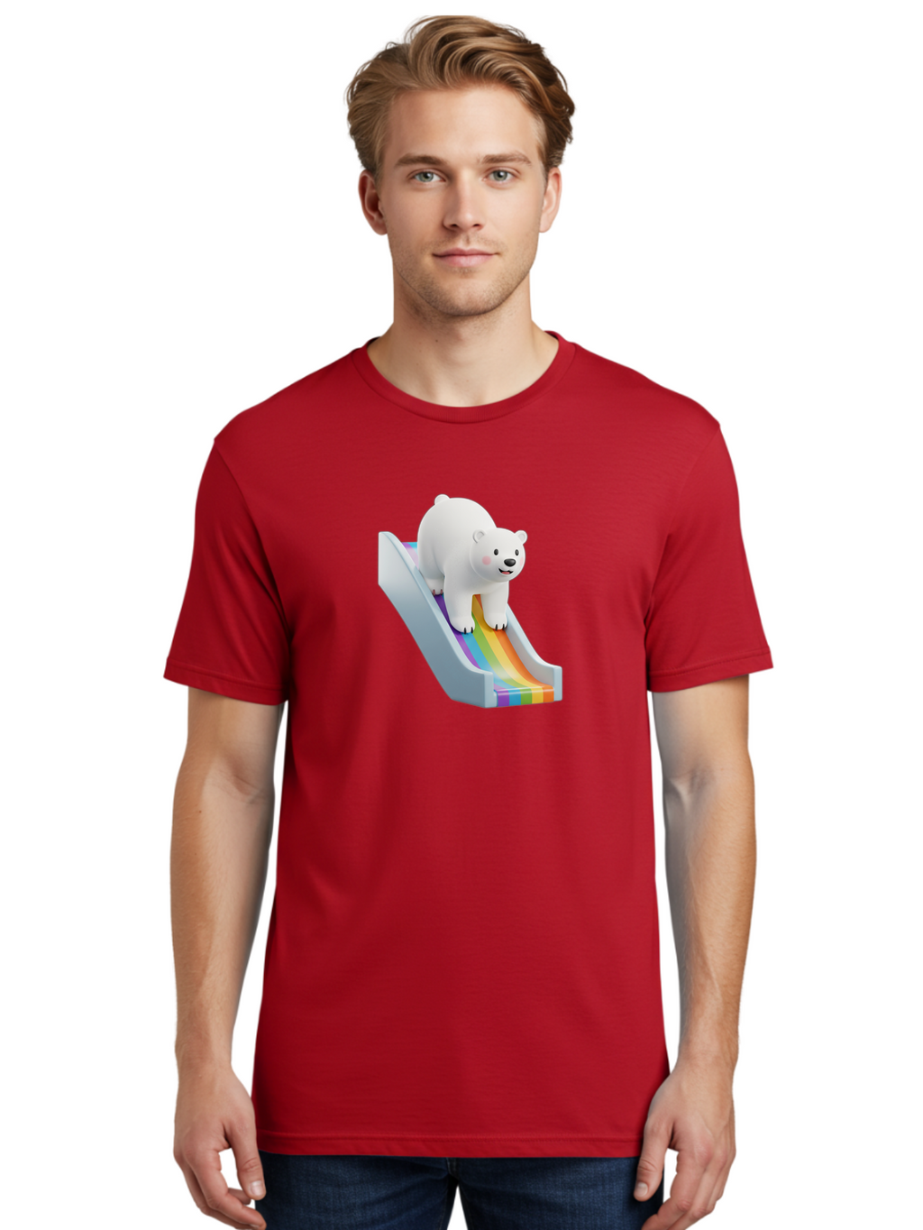 Polar-Bear-On-Slide Men'S Graphic Tee, 100% Cotton, Comfortable Casual Summer Wear, Machine Washable, Polar Bear On A Rainbow Slide, Cute Cartoon Bear, Playful Scene, 3D Illustration, Colorful Slide, Joyful Atmosphere, Kawaii Art, Bae667