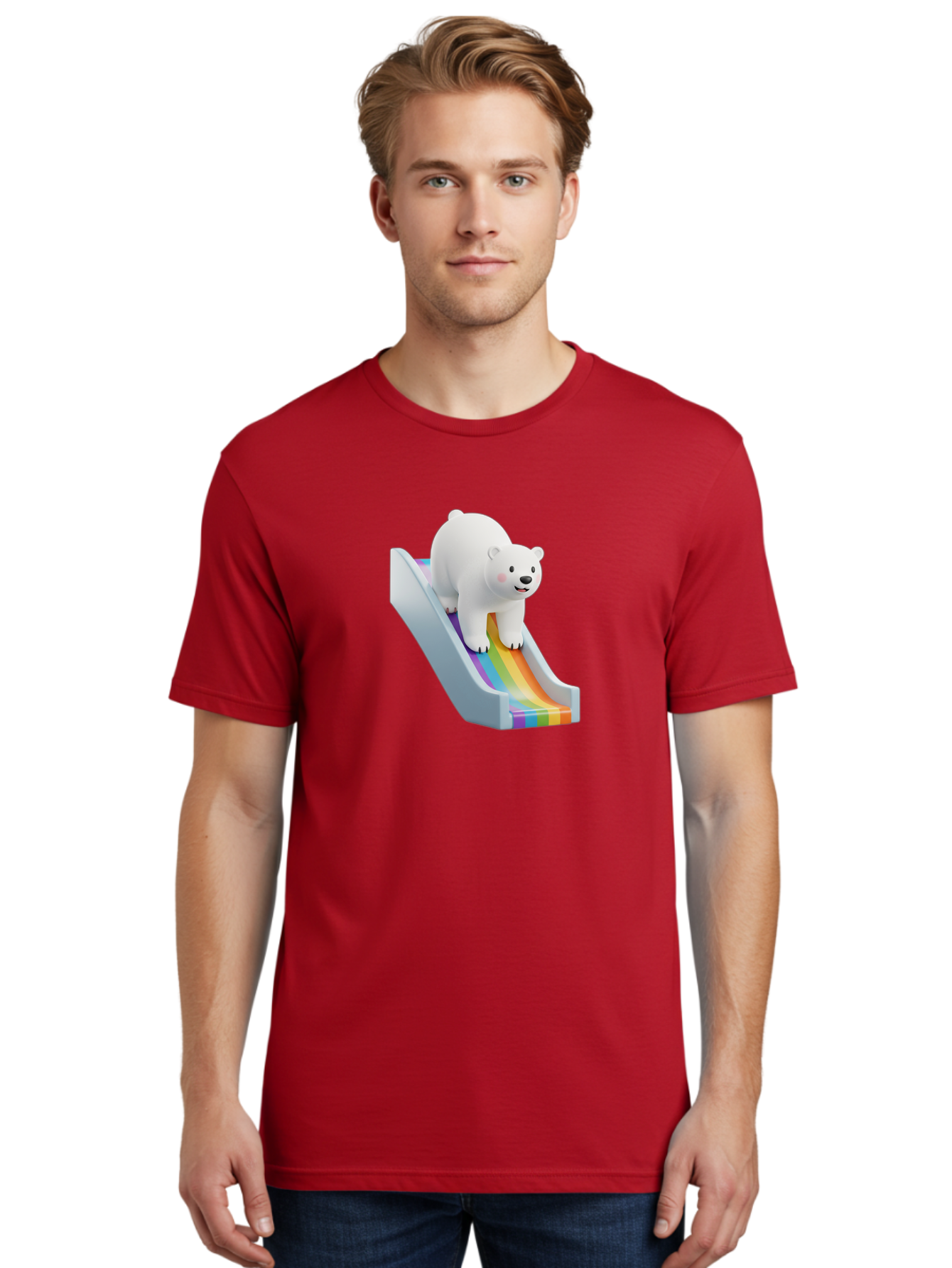 Polar-Bear-On-Slide Men'S Graphic Tee, 100% Cotton, Comfortable Casual Summer Wear, Machine Washable, Polar Bear On A Rainbow Slide, Cute Cartoon Bear, Playful Scene, 3D Illustration, Colorful Slide, Joyful Atmosphere, Kawaii Art, Bae667