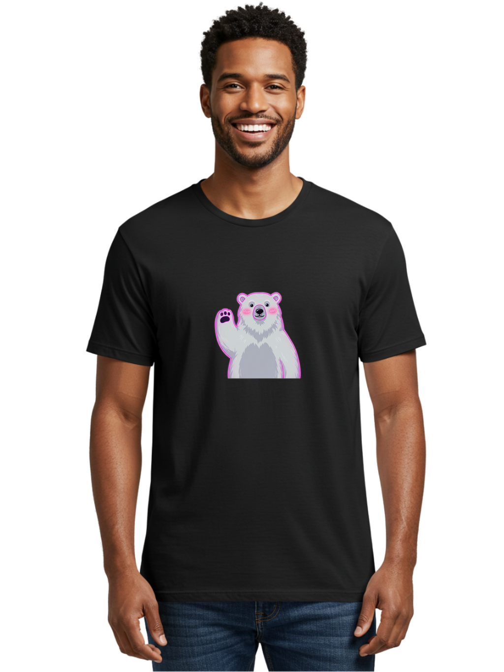 Polar-Bear-Waving Men'S Graphic Tee, 100% Cotton, Comfortable Casual Summer Wear, Machine Washable, Cartoon Polar Bear, Waving Hand, Cute Animal, Kawaii Illustration, Pink Cheeks, White Fur, Friendly Gesture, Adorable Character Bae669