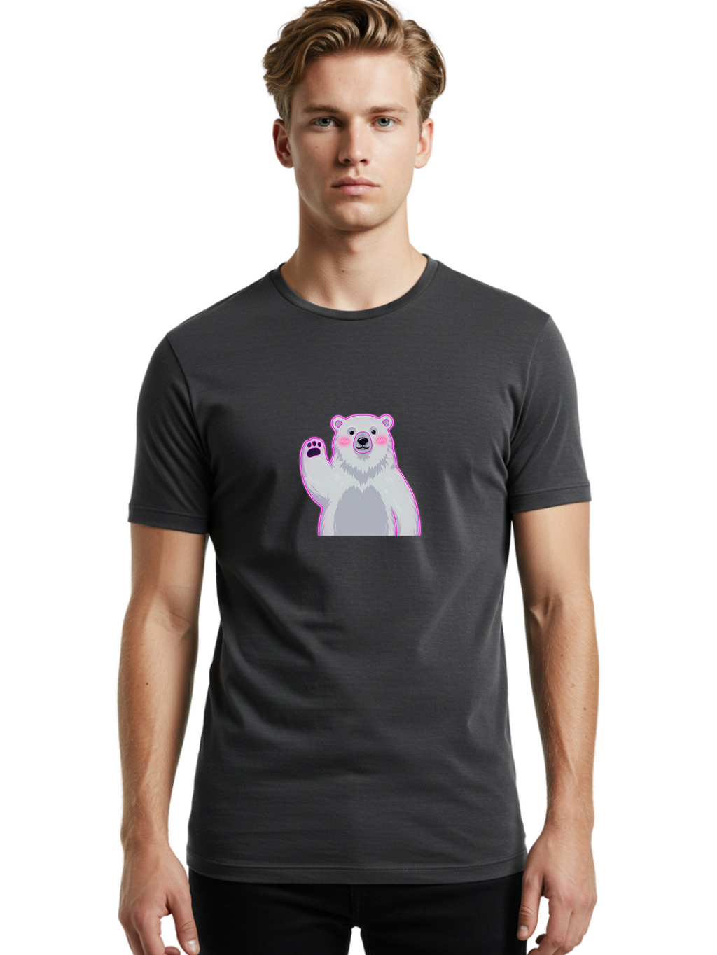 Polar-Bear-Waving Men'S Graphic Tee, 100% Cotton, Comfortable Casual Summer Wear, Machine Washable, Cartoon Polar Bear, Waving Hand, Cute Animal, Kawaii Illustration, Pink Cheeks, White Fur, Friendly Gesture, Adorable Character Bae669