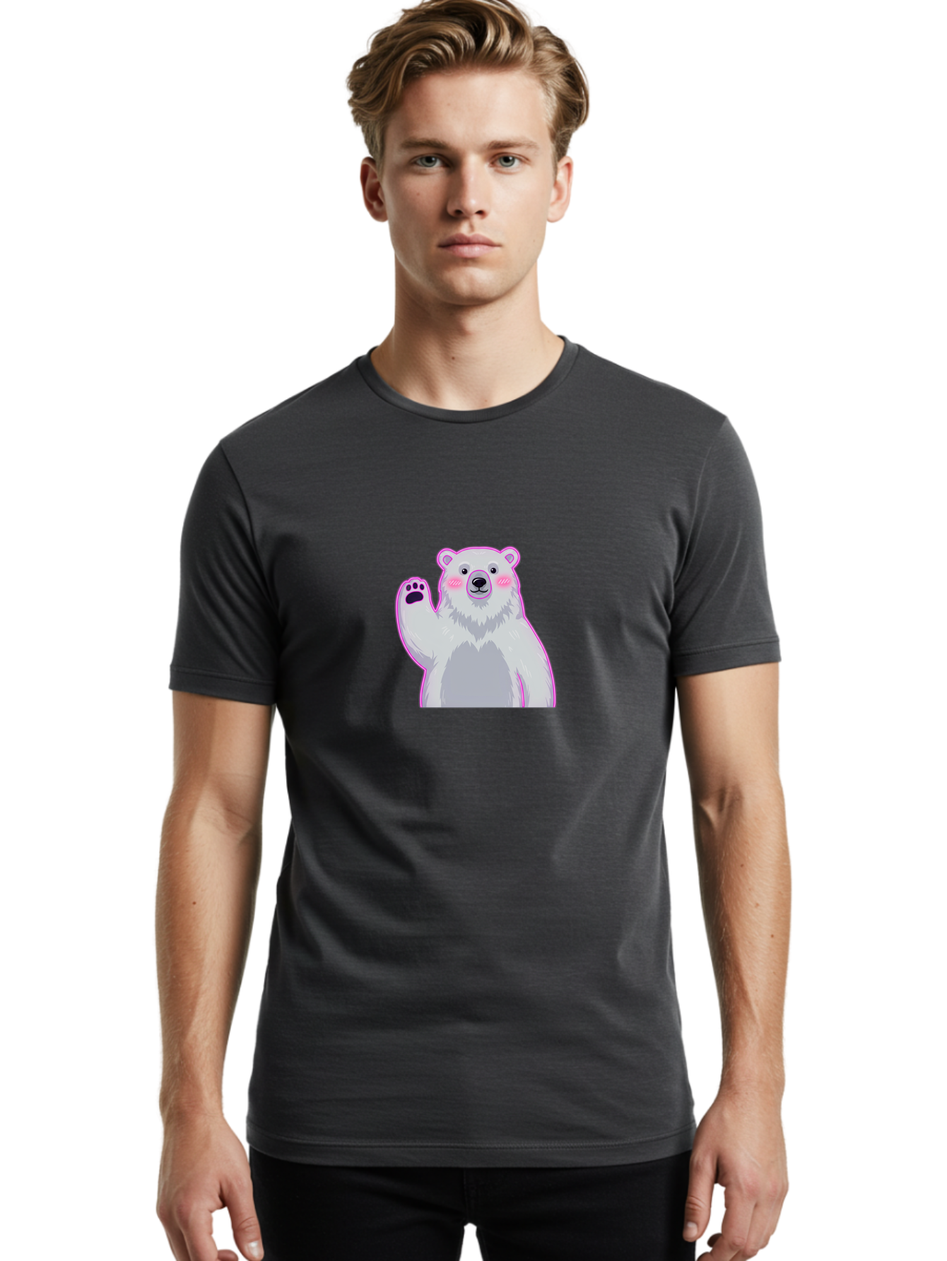 Polar-Bear-Waving Men'S Graphic Tee, 100% Cotton, Comfortable Casual Summer Wear, Machine Washable, Cartoon Polar Bear, Waving Hand, Cute Animal, Kawaii Illustration, Pink Cheeks, White Fur, Friendly Gesture, Adorable Character Bae669