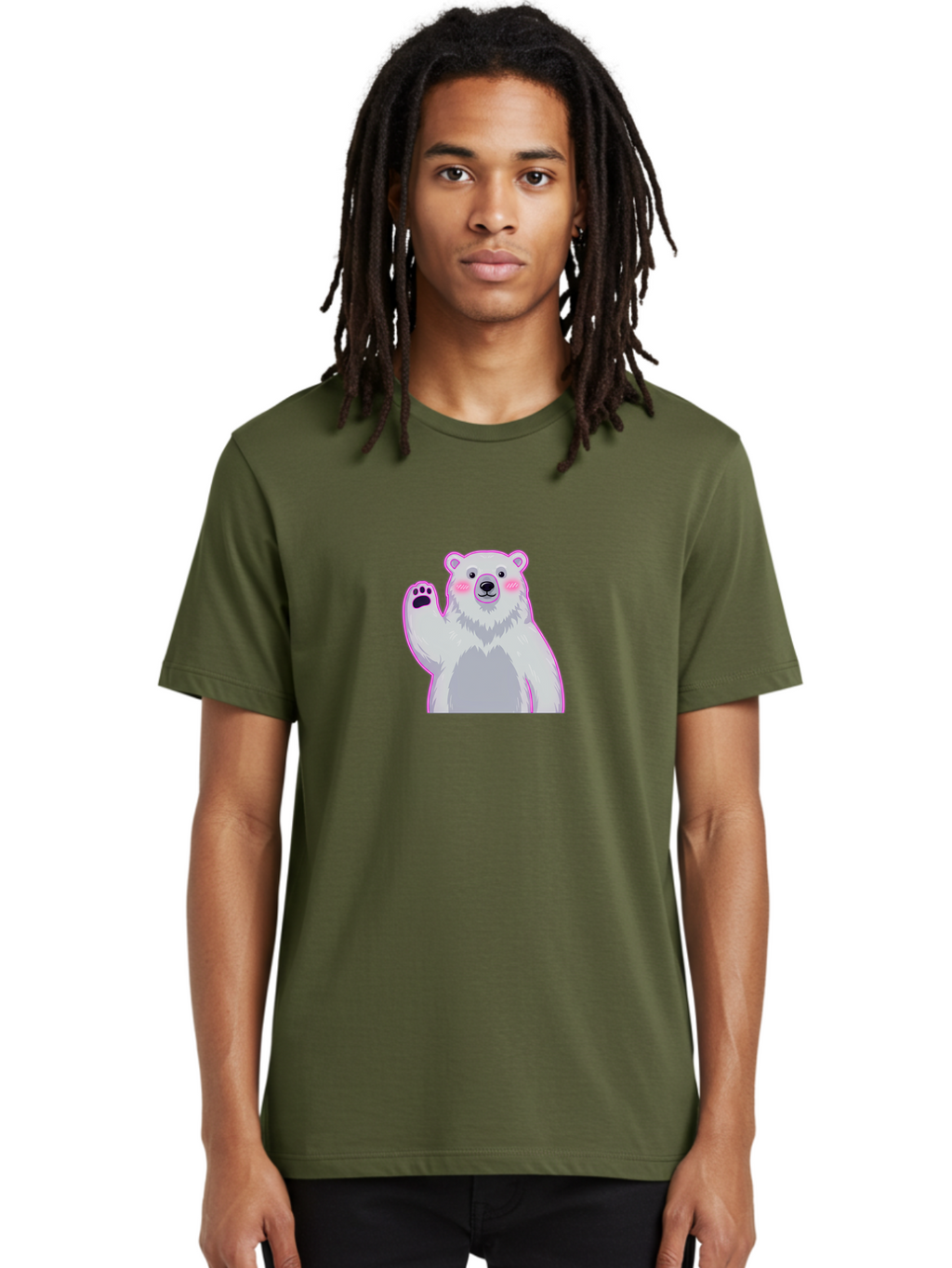 Polar-Bear-Waving Men'S Graphic Tee, 100% Cotton, Comfortable Casual Summer Wear, Machine Washable, Cartoon Polar Bear, Waving Hand, Cute Animal, Kawaii Illustration, Pink Cheeks, White Fur, Friendly Gesture, Adorable Character Bae669