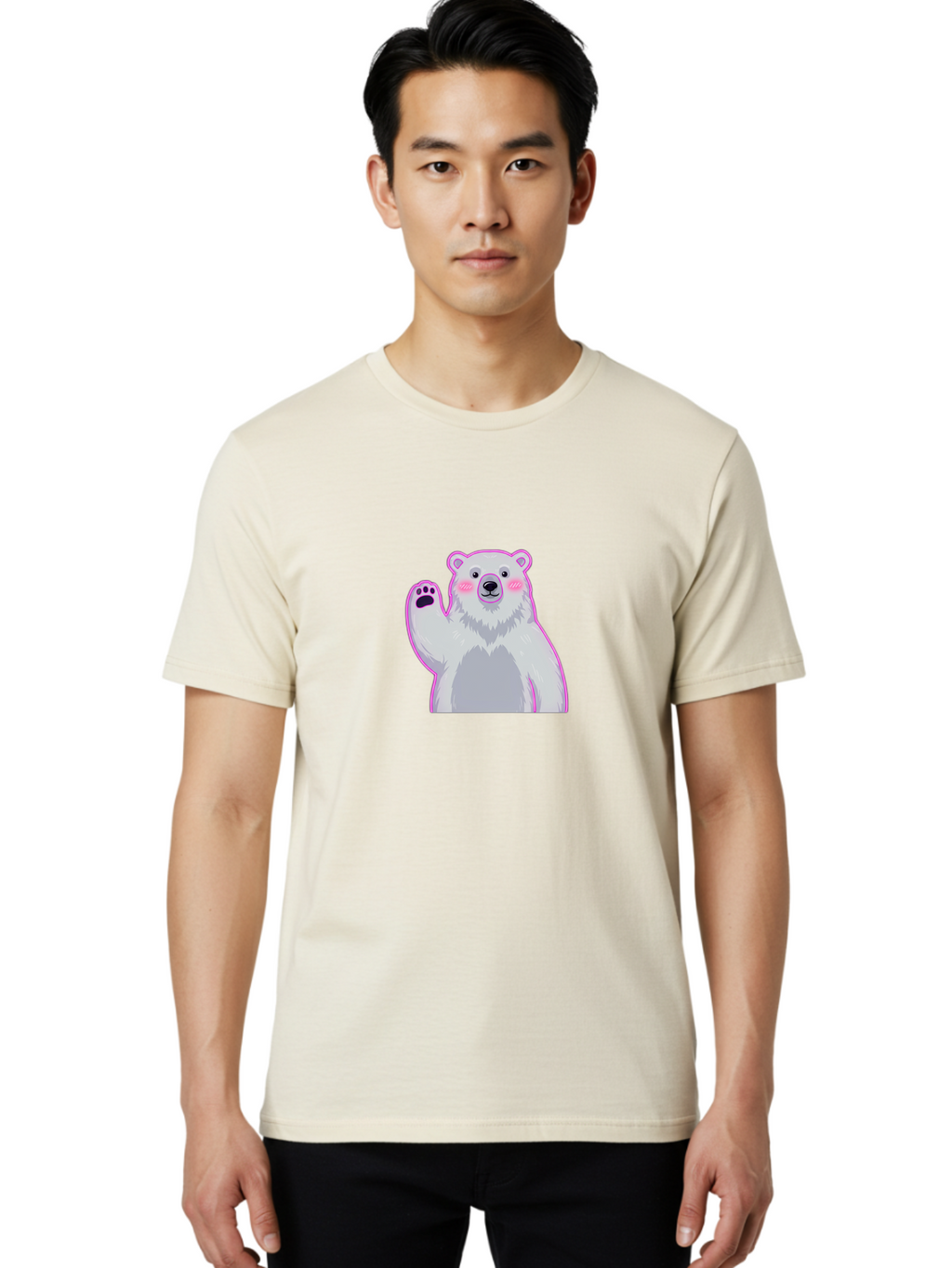 Polar-Bear-Waving Men'S Graphic Tee, 100% Cotton, Comfortable Casual Summer Wear, Machine Washable, Cartoon Polar Bear, Waving Hand, Cute Animal, Kawaii Illustration, Pink Cheeks, White Fur, Friendly Gesture, Adorable Character Bae669