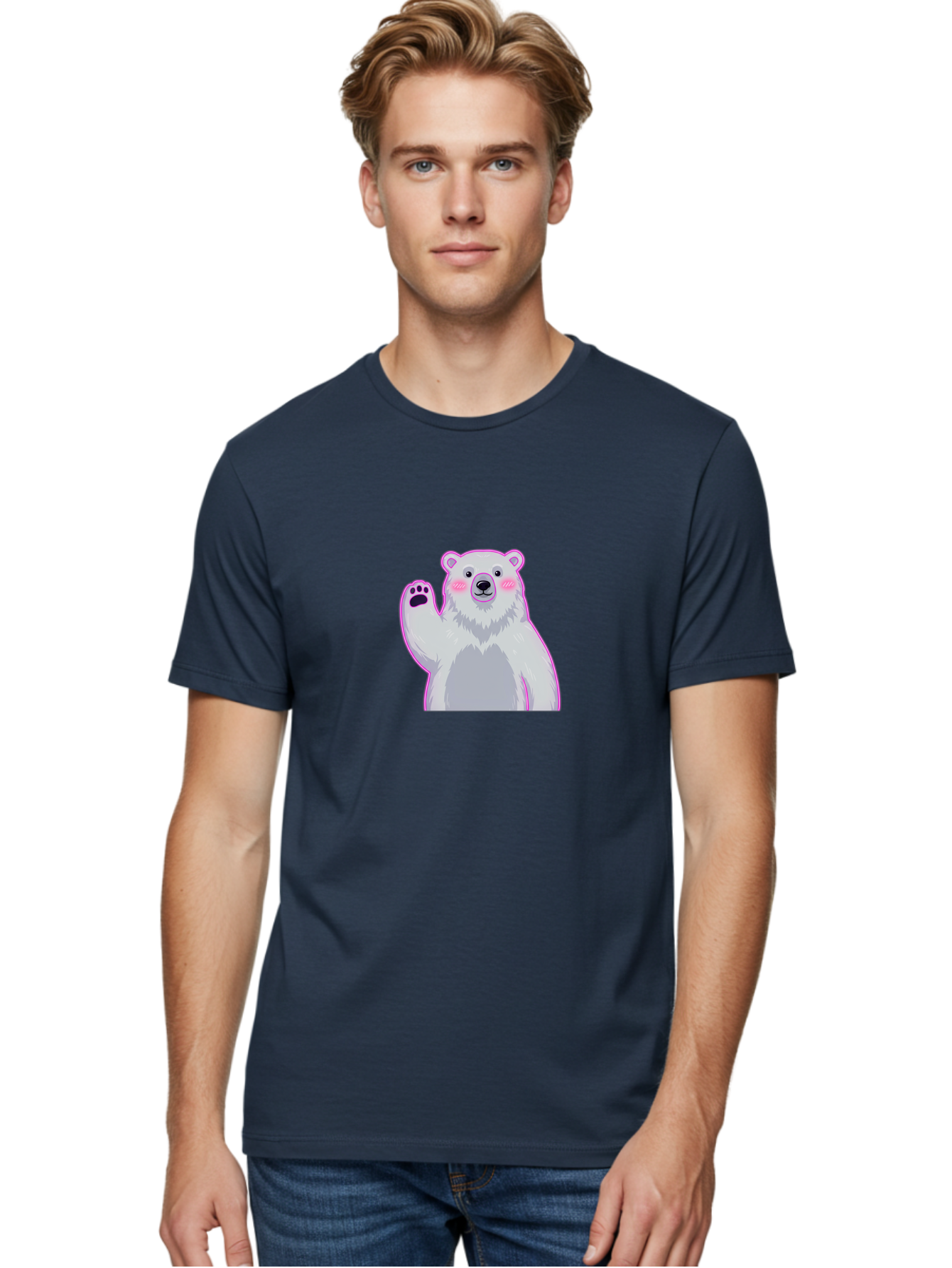 Polar-Bear-Waving Men'S Graphic Tee, 100% Cotton, Comfortable Casual Summer Wear, Machine Washable, Cartoon Polar Bear, Waving Hand, Cute Animal, Kawaii Illustration, Pink Cheeks, White Fur, Friendly Gesture, Adorable Character Bae669