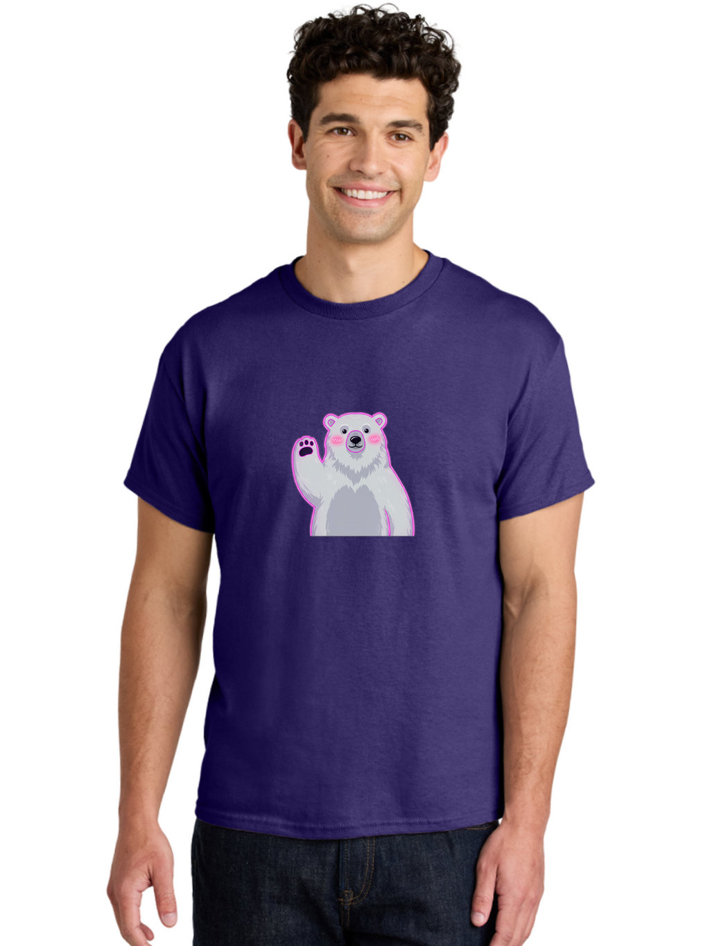 Polar-Bear-Waving Men'S Graphic Tee, 100% Cotton, Comfortable Casual Summer Wear, Machine Washable, Cartoon Polar Bear, Waving Hand, Cute Animal, Kawaii Illustration, Pink Cheeks, White Fur, Friendly Gesture, Adorable Character Bae669