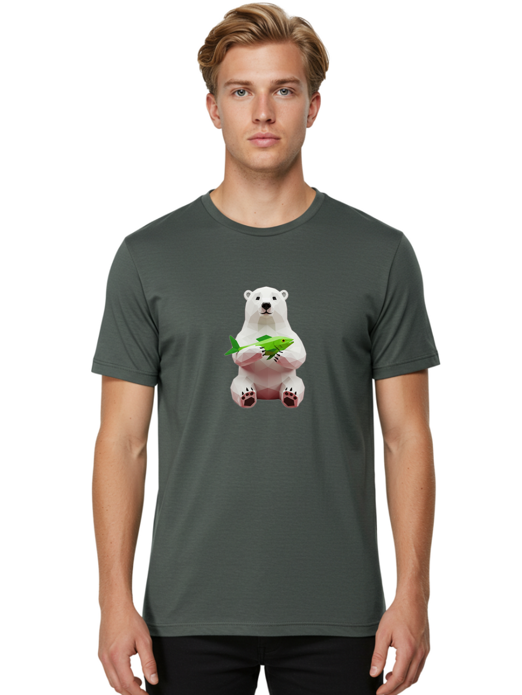 Polar-Bear-With-Fish-1 Men'S Graphic Tee, 100% Cotton, Comfortable Casual Summer Wear, Machine Washable, Low-Poly Polar Bear, 3D Illustration, Holding Fish, Arctic Wildlife, Geometric Art, Polar Bear Illustration, Wildlife Artwork, Bae670