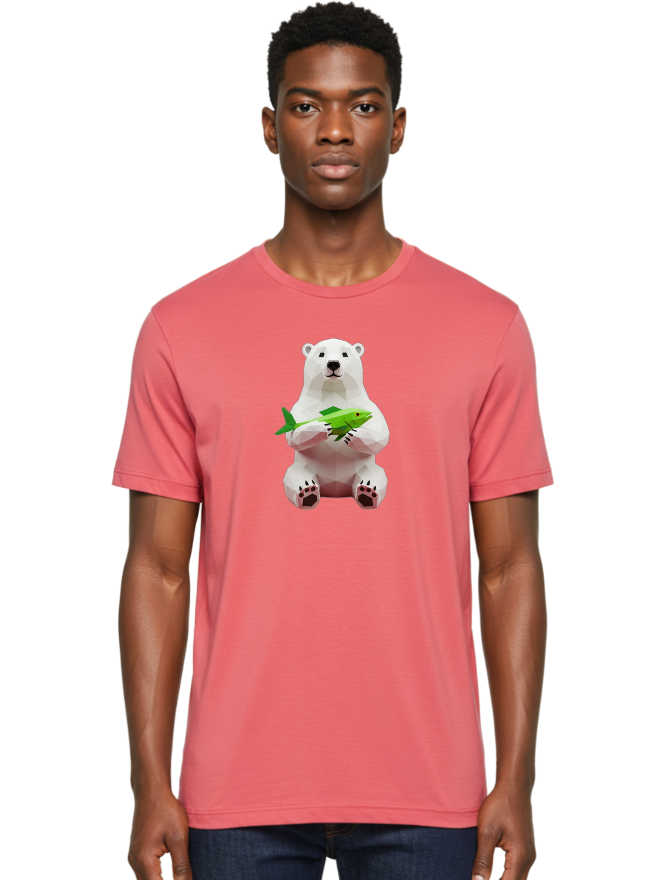 Polar-Bear-With-Fish-1 Men'S Graphic Tee, 100% Cotton, Comfortable Casual Summer Wear, Machine Washable, Low-Poly Polar Bear, 3D Illustration, Holding Fish, Arctic Wildlife, Geometric Art, Polar Bear Illustration, Wildlife Artwork, Bae670