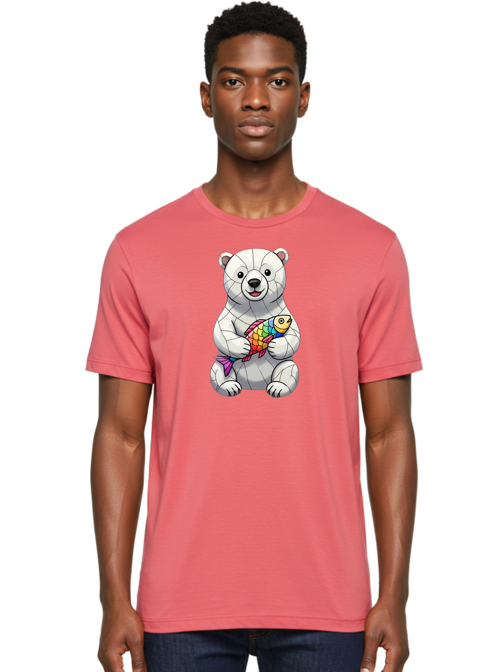 Polar-Bear-With-Fish-2 Men'S Graphic Tee, 100% Cotton, Comfortable Casual Summer Wear, Machine Washable, Polar Bear Holding Koi Fish, Cartoon Polar Bear, Rainbow Fish, White Bear, Colorful Art, Digital Illustration, Cute Bear, Playful Design, Bae671