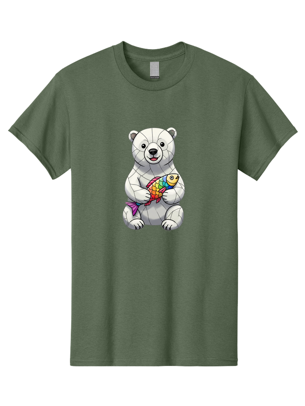 Polar-Bear-With-Fish-2 Men'S Graphic Tee, 100% Cotton, Comfortable Casual Summer Wear, Machine Washable, Polar Bear Holding Koi Fish, Cartoon Polar Bear, Rainbow Fish, White Bear, Colorful Art, Digital Illustration, Cute Bear, Playful Design, Bae671