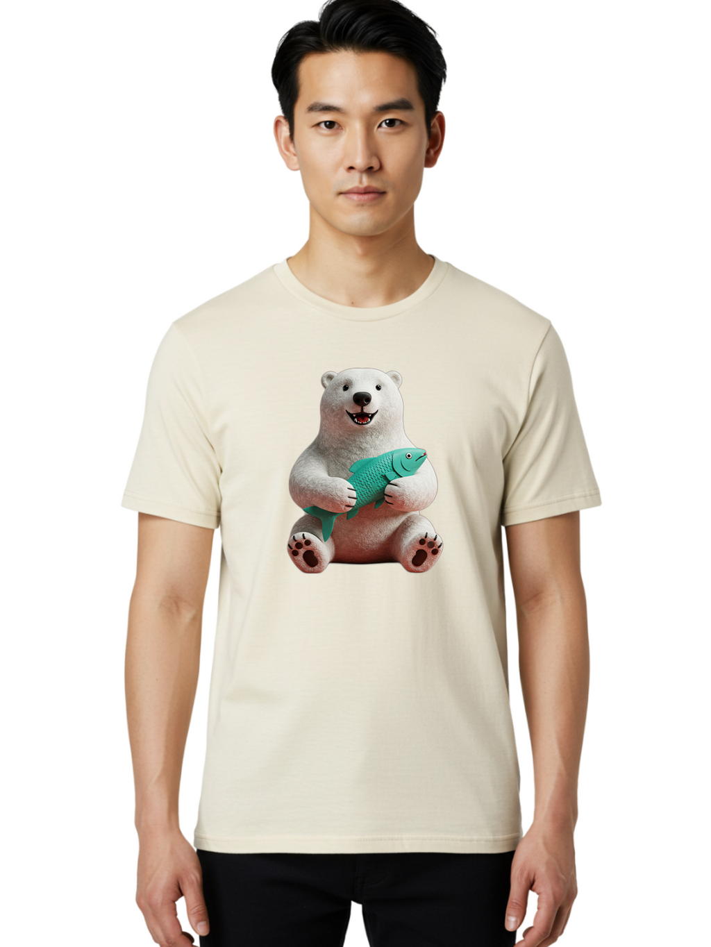 Polar-Bear-With-Fish-3 Men'S Graphic Tee, 100% Cotton, Comfortable Casual Summer Wear, Machine Washable, Polar Bear Holding Fish, White Fur, Cartoon Character, Smiling Bear, Turquoise Fish, Happy Expression, Cute Illustration, Wildlife Art Bae672