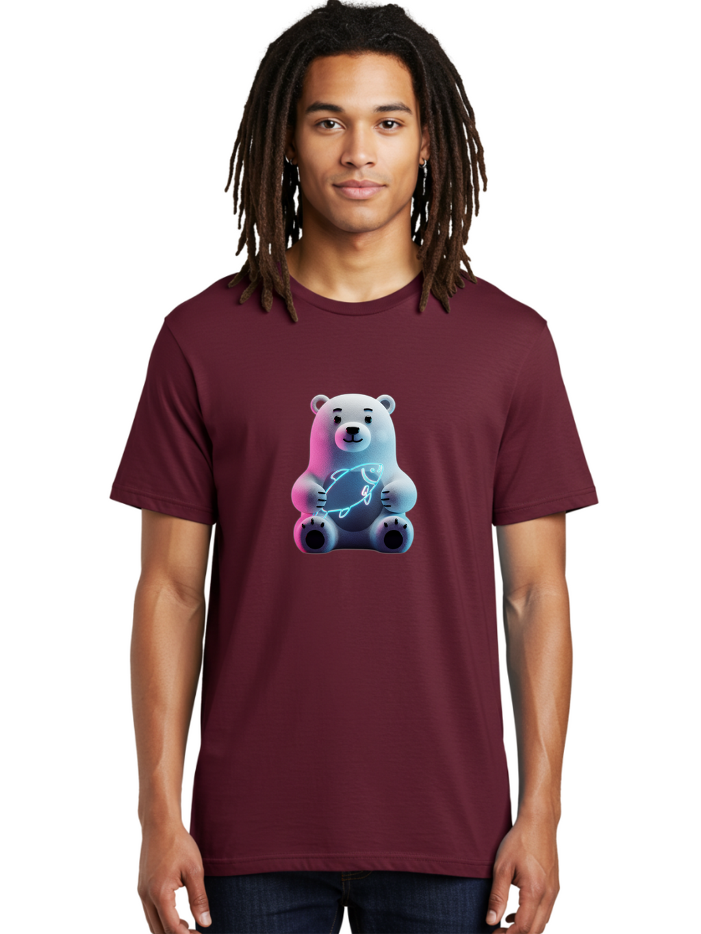 Polar-Bear-With-Fish-4 Men'S Graphic Tee, 100% Cotton, Comfortable Casual Summer Wear, Machine Washable, Polar Bear Holding Fish, Neon Light, Cartoon Character, Cute Animal, 3D Illustration, Glowing Effect, Cartoon Style, Digital Art Bae673