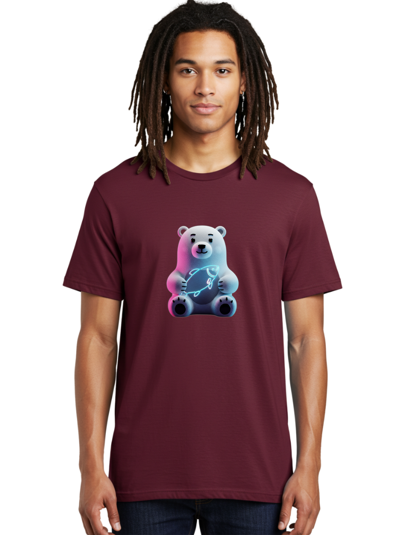 Polar-Bear-With-Fish-4 Men'S Graphic Tee, 100% Cotton, Comfortable Casual Summer Wear, Machine Washable, Polar Bear Holding Fish, Neon Light, Cartoon Character, Cute Animal, 3D Illustration, Glowing Effect, Cartoon Style, Digital Art Bae673