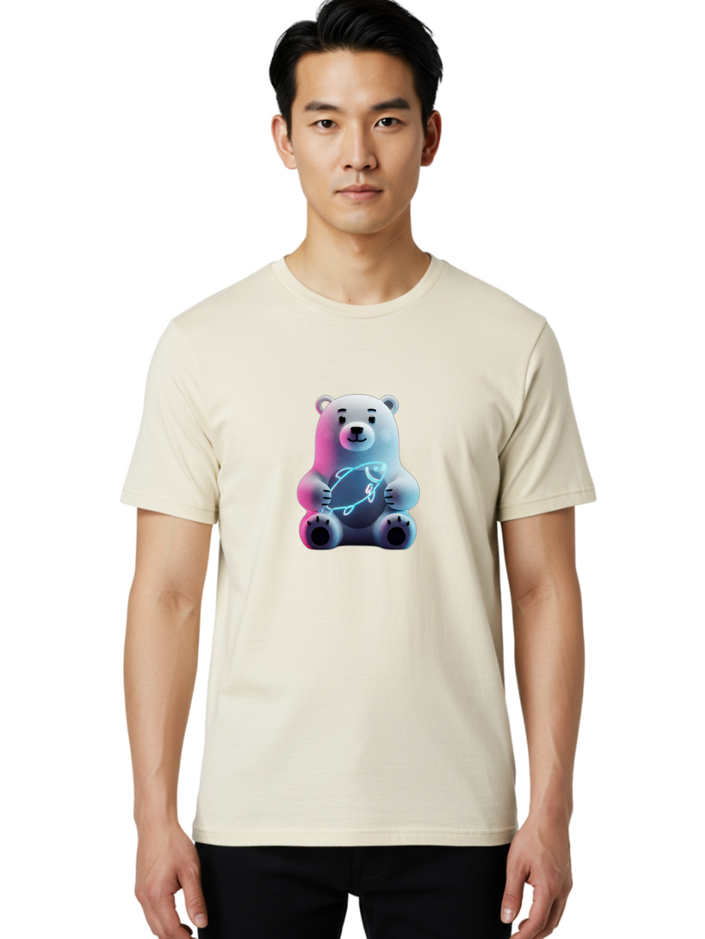 Polar-Bear-With-Fish-4 Men'S Graphic Tee, 100% Cotton, Comfortable Casual Summer Wear, Machine Washable, Polar Bear Holding Fish, Neon Light, Cartoon Character, Cute Animal, 3D Illustration, Glowing Effect, Cartoon Style, Digital Art Bae673