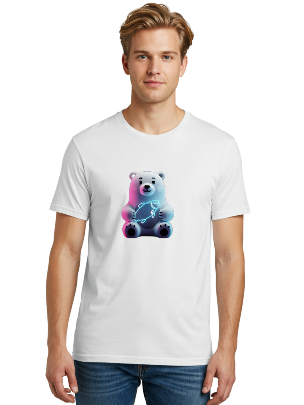 Polar-Bear-With-Fish-4 Men'S Graphic Tee, 100% Cotton, Comfortable Casual Summer Wear, Machine Washable, Polar Bear Holding Fish, Neon Light, Cartoon Character, Cute Animal, 3D Illustration, Glowing Effect, Cartoon Style, Digital Art Bae673