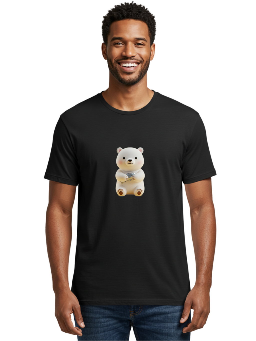 Polar-Bear-With-Fish Men'S Graphic Tee, 100% Cotton, Comfortable Casual Summer Wear, Machine Washable, Cute Polar Bear, White Bear, Holding Fish, Cartoon Character, Adorable Figurine, Kawaii Animal, Childlike Charm, Stuffed Animal, Bae674