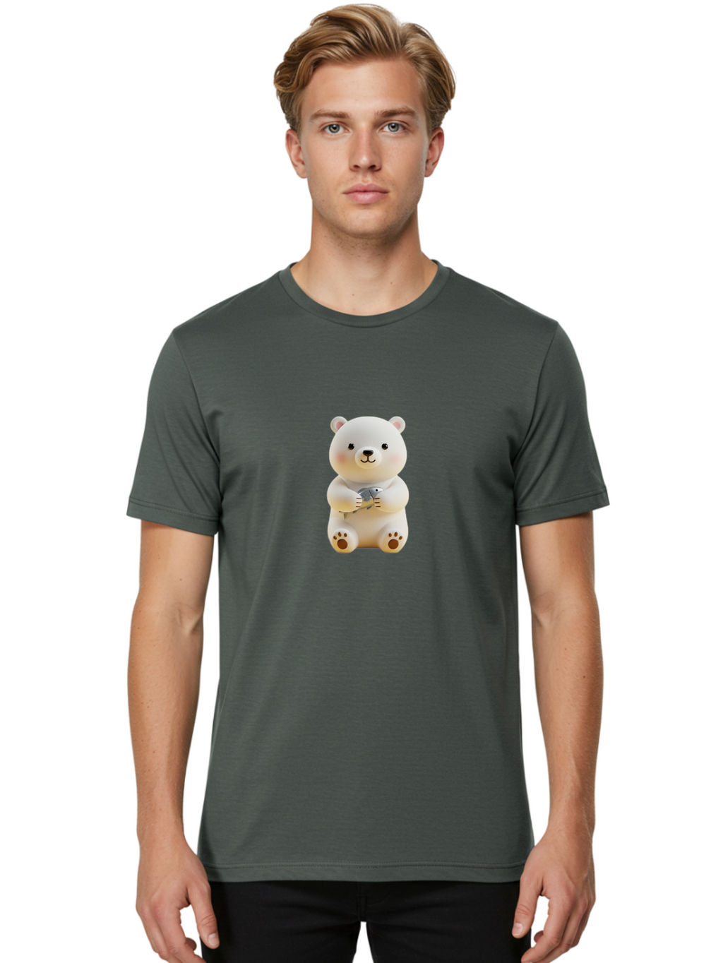 Polar-Bear-With-Fish Men'S Graphic Tee, 100% Cotton, Comfortable Casual Summer Wear, Machine Washable, Cute Polar Bear, White Bear, Holding Fish, Cartoon Character, Adorable Figurine, Kawaii Animal, Childlike Charm, Stuffed Animal, Bae674