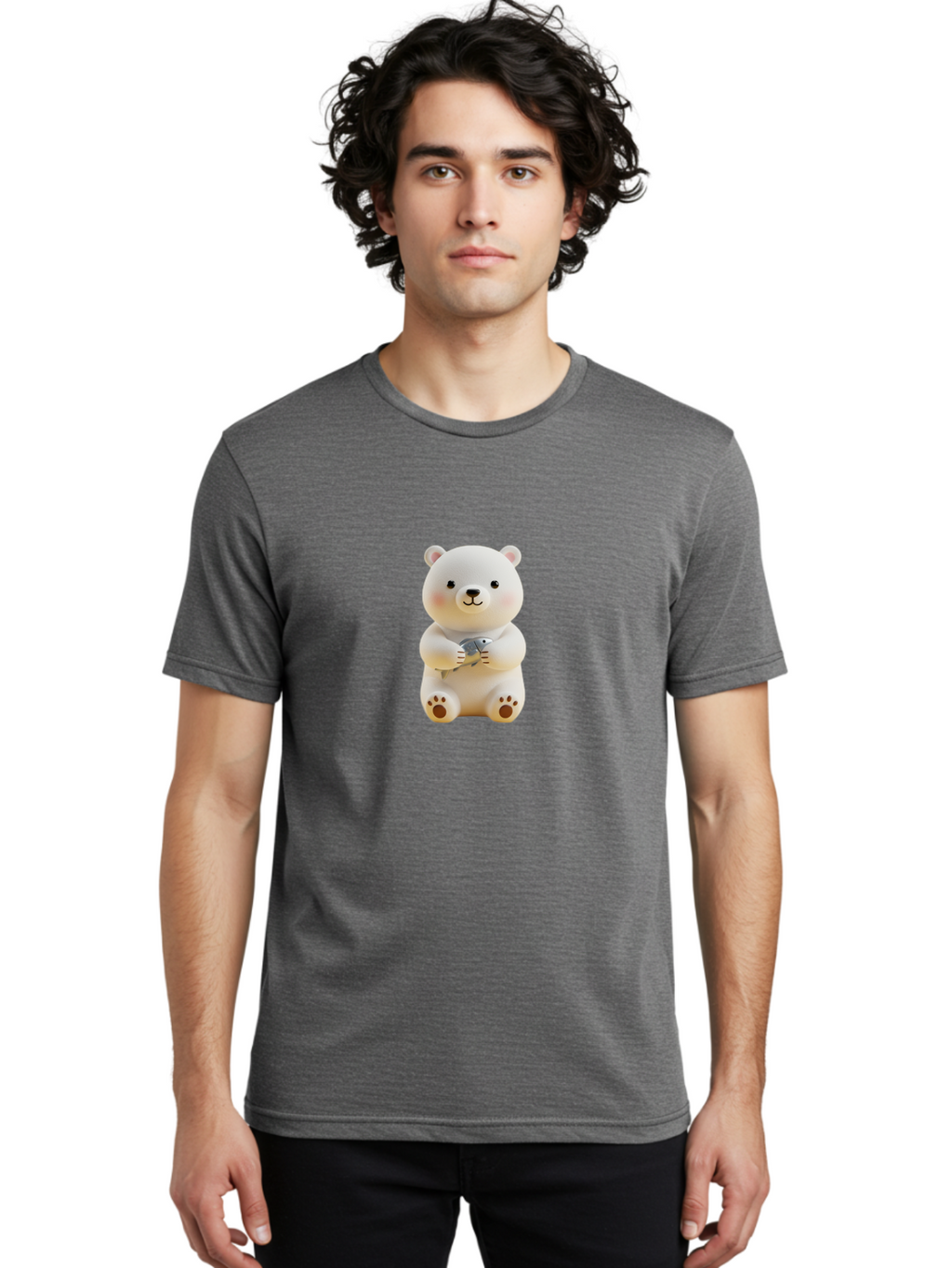 Polar-Bear-With-Fish Men'S Graphic Tee, 100% Cotton, Comfortable Casual Summer Wear, Machine Washable, Cute Polar Bear, White Bear, Holding Fish, Cartoon Character, Adorable Figurine, Kawaii Animal, Childlike Charm, Stuffed Animal, Bae674