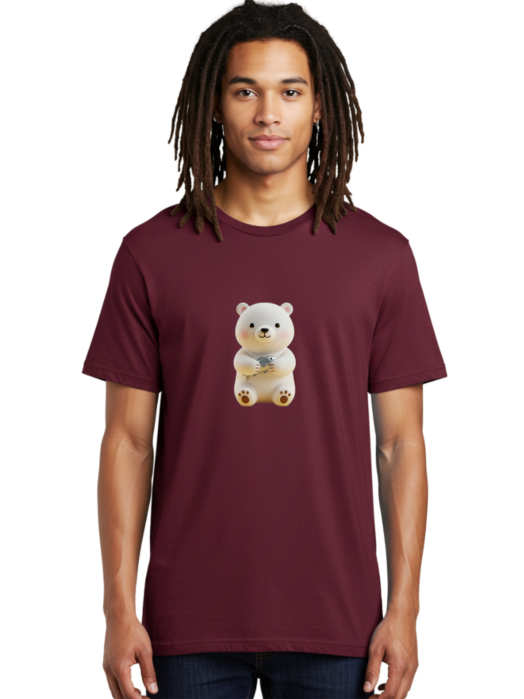Polar-Bear-With-Fish Men'S Graphic Tee, 100% Cotton, Comfortable Casual Summer Wear, Machine Washable, Cute Polar Bear, White Bear, Holding Fish, Cartoon Character, Adorable Figurine, Kawaii Animal, Childlike Charm, Stuffed Animal, Bae674