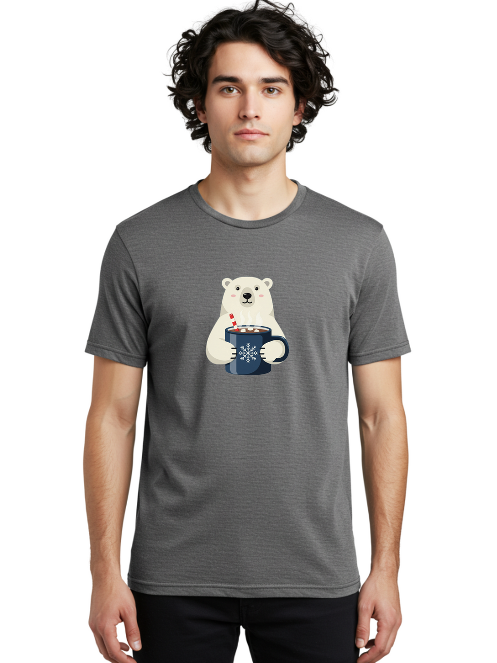 Polar-Bear-With-Hot-Chocolate Men'S Graphic Tee, 100% Cotton, Comfortable Casual Summer Wear, Machine Washable, Polar Bear, Hot Chocolate, Winter Wonderland, Snowflake Mug, Festive Drink, Adorable Bear, Candy Cane Straw, Marshmallow Topping, Bae675