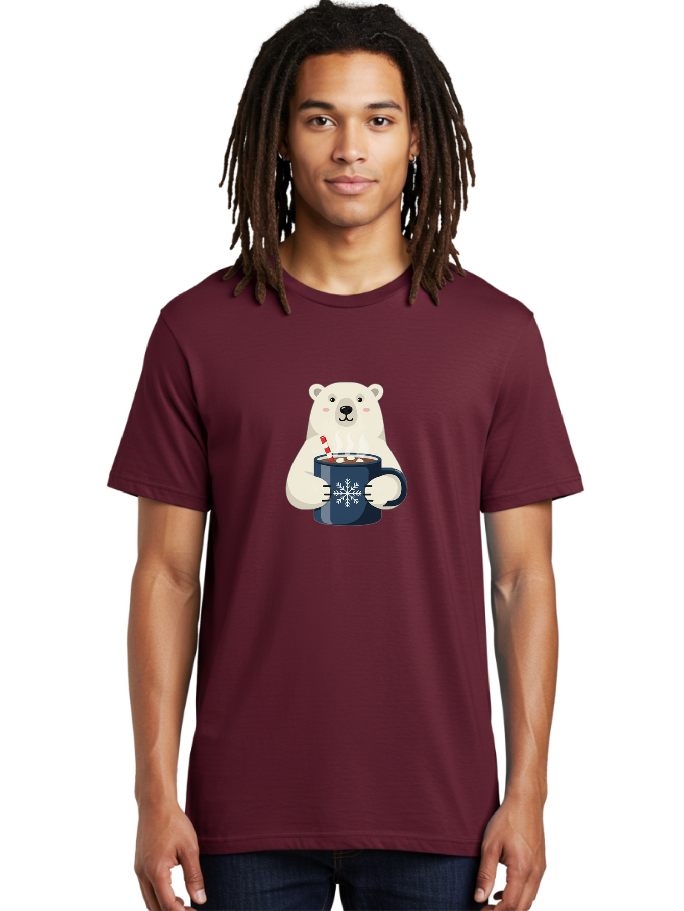 Polar-Bear-With-Hot-Chocolate Men'S Graphic Tee, 100% Cotton, Comfortable Casual Summer Wear, Machine Washable, Polar Bear, Hot Chocolate, Winter Wonderland, Snowflake Mug, Festive Drink, Adorable Bear, Candy Cane Straw, Marshmallow Topping, Bae675