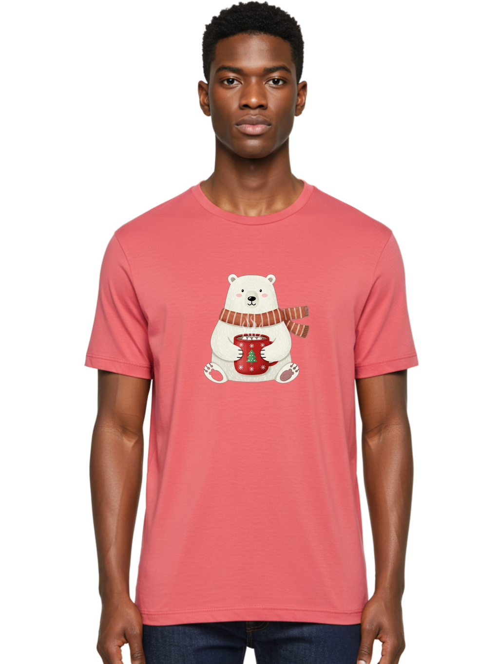 Polar-Bear-With-Mug Men'S Graphic Tee, 100% Cotton, Comfortable Casual Summer Wear, Machine Washable, Polar Bear, Winter Scene, Festive Scarf, Christmas Mug, Hot Chocolate, White Snowflakes, Red Mug, Green Christmas Tree, Cold Climate, Bae676