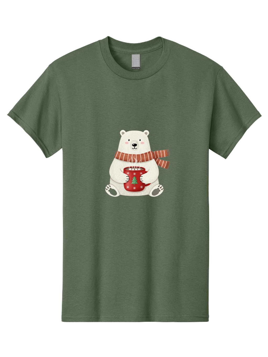 Polar-Bear-With-Mug Men'S Graphic Tee, 100% Cotton, Comfortable Casual Summer Wear, Machine Washable, Polar Bear, Winter Scene, Festive Scarf, Christmas Mug, Hot Chocolate, White Snowflakes, Red Mug, Green Christmas Tree, Cold Climate, Bae676