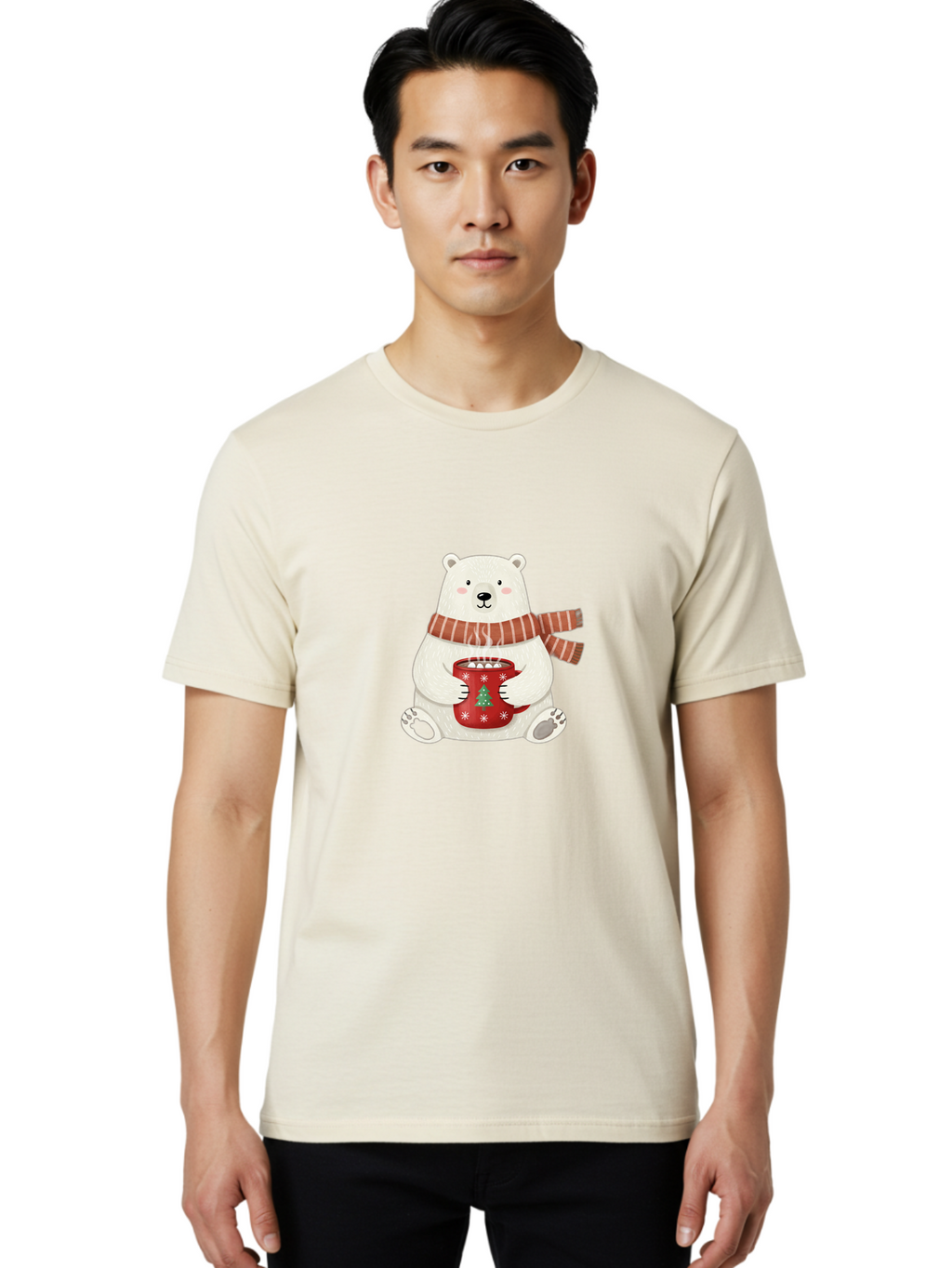 Polar-Bear-With-Mug Men'S Graphic Tee, 100% Cotton, Comfortable Casual Summer Wear, Machine Washable, Polar Bear, Winter Scene, Festive Scarf, Christmas Mug, Hot Chocolate, White Snowflakes, Red Mug, Green Christmas Tree, Cold Climate, Bae676