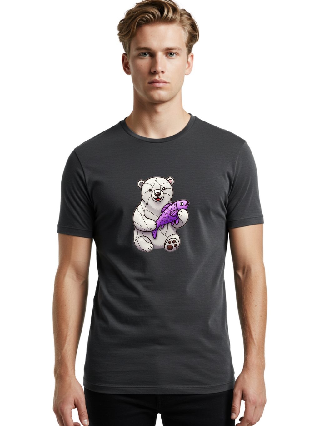 Polar-Bear-With-Purple-Fish-1 Men'S Graphic Tee, 100% Cotton, Comfortable Casual Summer Wear, Machine Washable, Cartoon Polar Bear, White Bear, Holding Purple Fish, Happy Animal, Playful Creature, Funny Illustration, Animal Graphics, Bae677