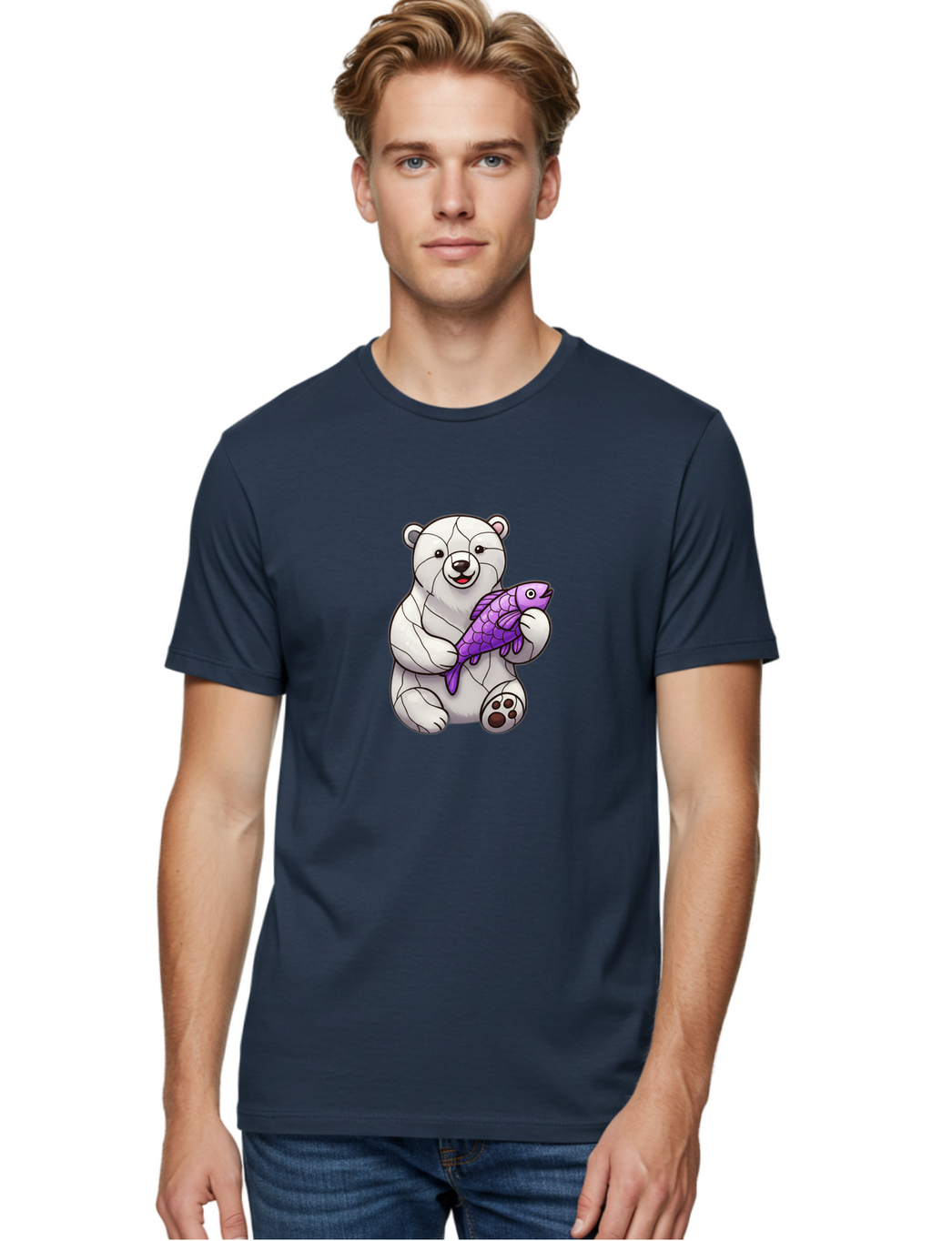 Polar-Bear-With-Purple-Fish-1 Men'S Graphic Tee, 100% Cotton, Comfortable Casual Summer Wear, Machine Washable, Cartoon Polar Bear, White Bear, Holding Purple Fish, Happy Animal, Playful Creature, Funny Illustration, Animal Graphics, Bae677