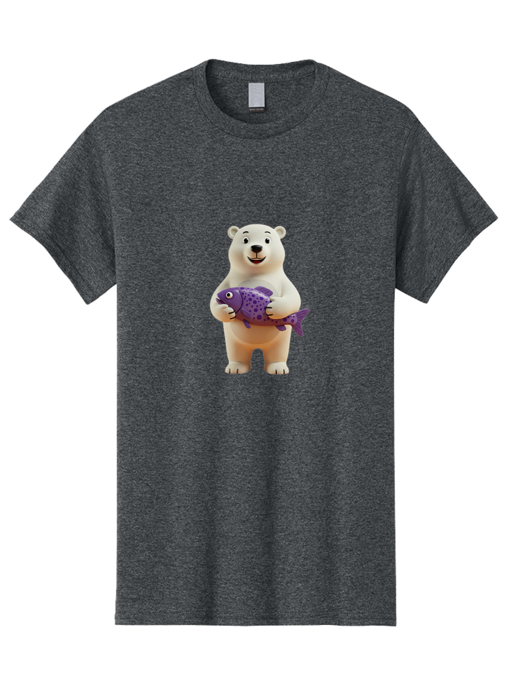 Polar-Bear-With-Purple-Fish Men'S Graphic Tee, 100% Cotton, Comfortable Casual Summer Wear, Machine Washable, Cartoon Polar Bear Holding Fish, Cute Animal, Digital Illustration, Purple Fish With Spots, Smiling Bear, Friendly Character, Bae678