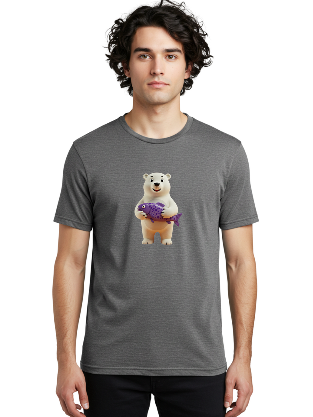 Polar-Bear-With-Purple-Fish Men'S Graphic Tee, 100% Cotton, Comfortable Casual Summer Wear, Machine Washable, Cartoon Polar Bear Holding Fish, Cute Animal, Digital Illustration, Purple Fish With Spots, Smiling Bear, Friendly Character, Bae678