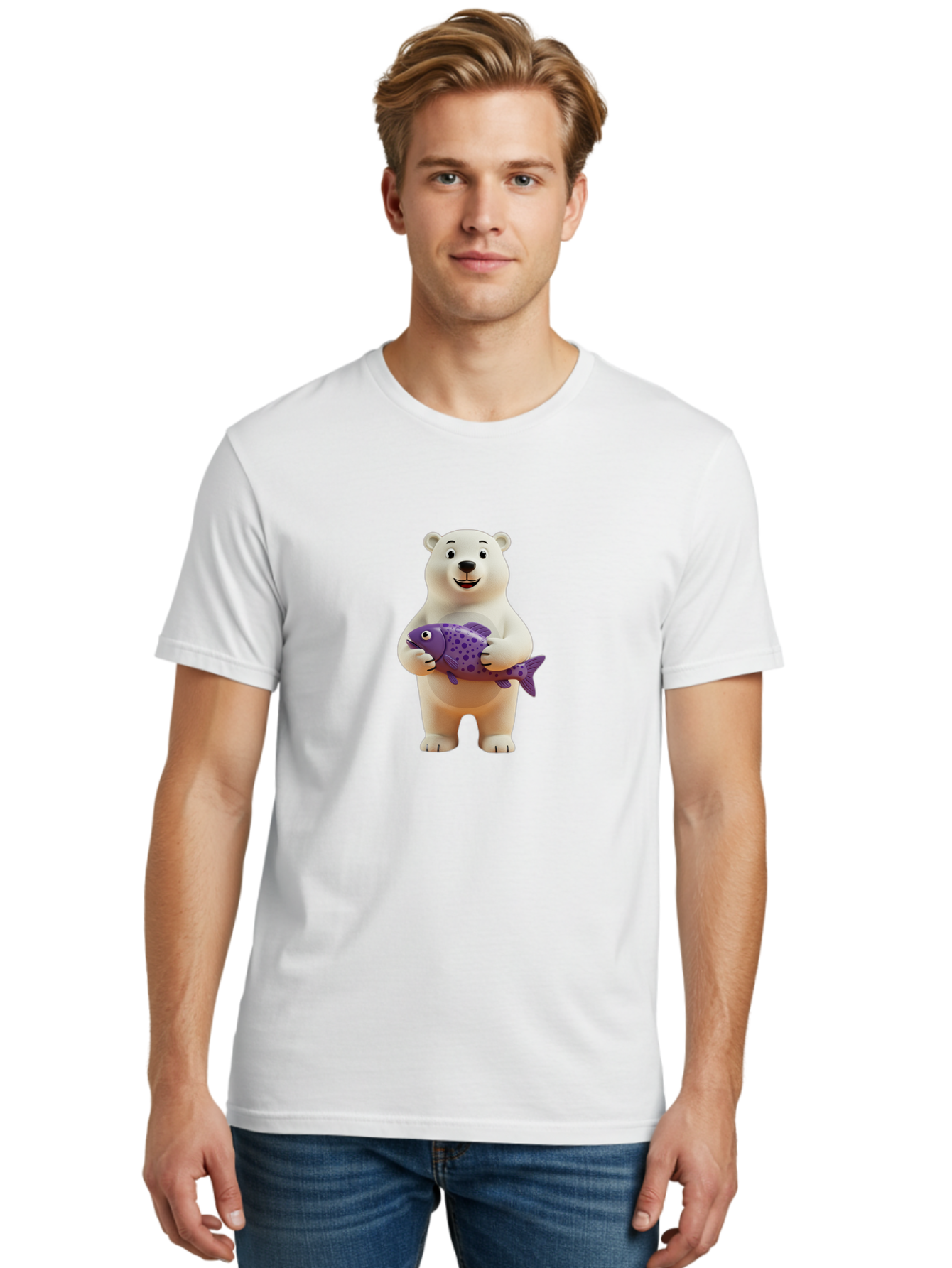 Polar-Bear-With-Purple-Fish Men'S Graphic Tee, 100% Cotton, Comfortable Casual Summer Wear, Machine Washable, Cartoon Polar Bear Holding Fish, Cute Animal, Digital Illustration, Purple Fish With Spots, Smiling Bear, Friendly Character, Bae678