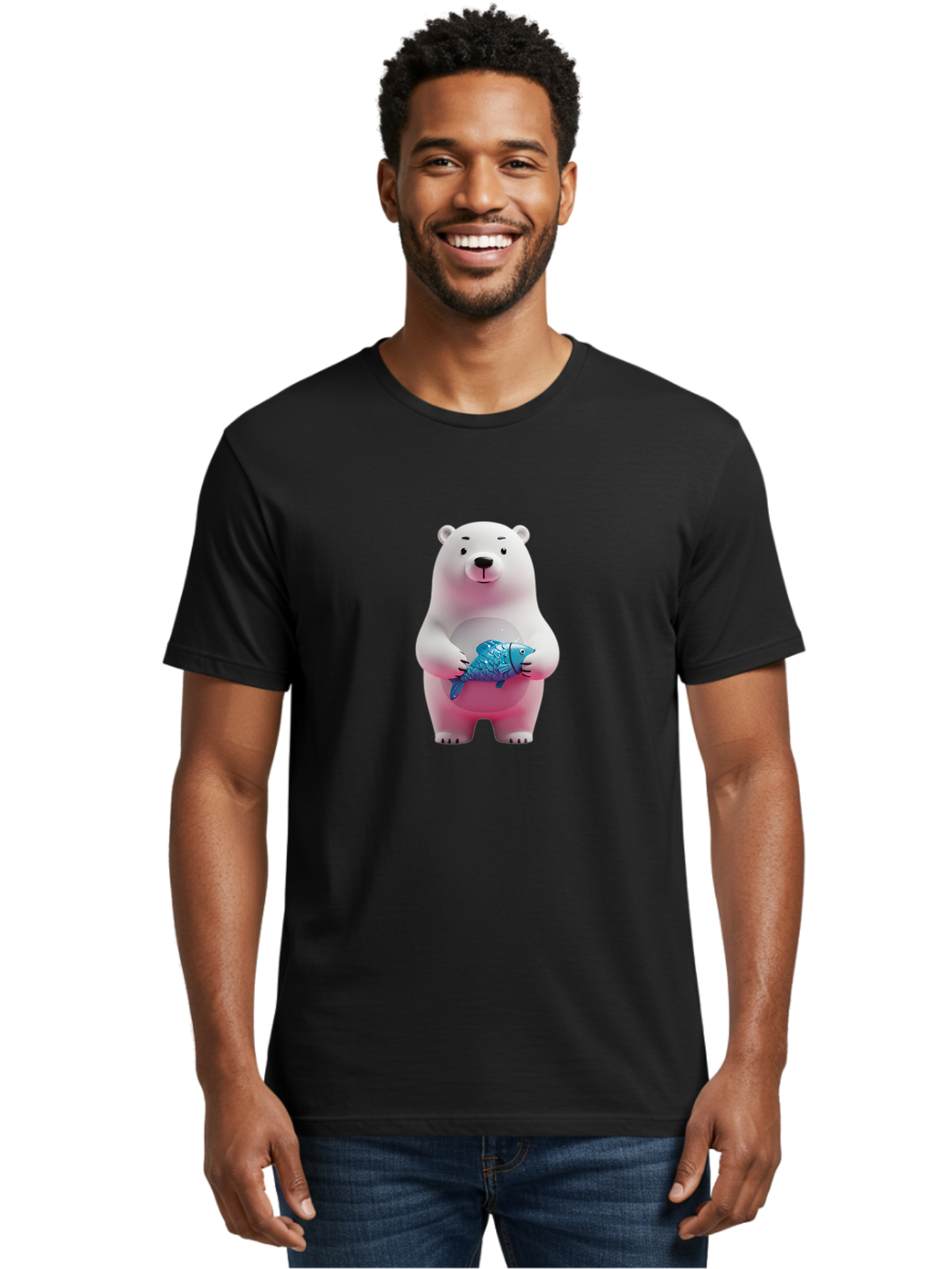 Polar-Bear Men'S Graphic Tee, 100% Cotton, Comfortable Casual Summer Wear, Machine Washable, White Polar Bear, Blue Fish, Cartoon Character, 3D Illustration, Playful Scene, Cute Bear, Underwater Friend, Sea Creature, Adorable, Childlike Charm, Bae679