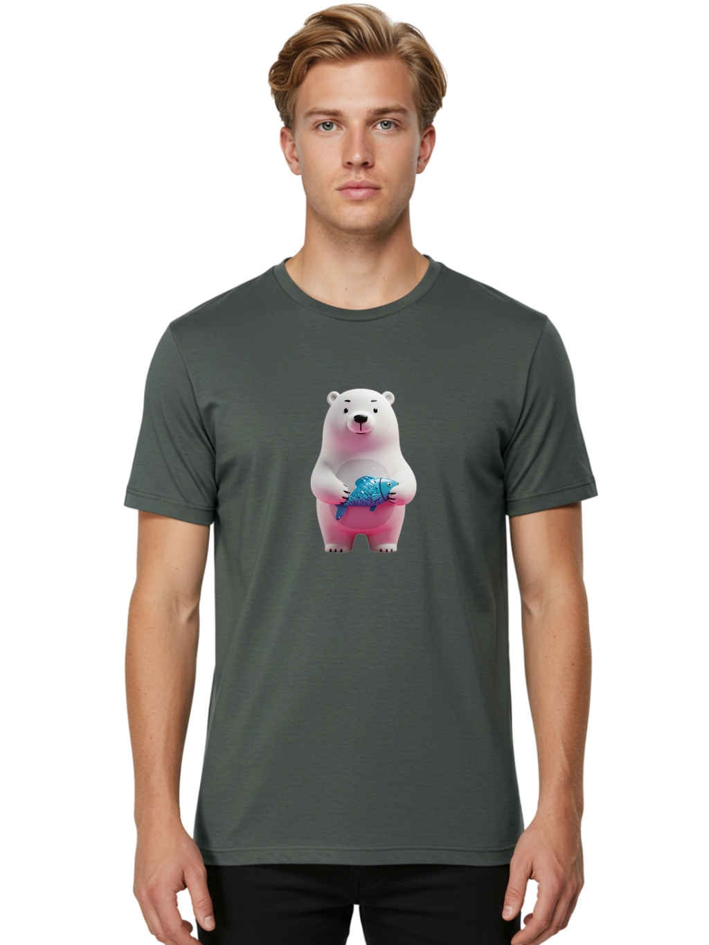 Polar-Bear Men'S Graphic Tee, 100% Cotton, Comfortable Casual Summer Wear, Machine Washable, White Polar Bear, Blue Fish, Cartoon Character, 3D Illustration, Playful Scene, Cute Bear, Underwater Friend, Sea Creature, Adorable, Childlike Charm, Bae679
