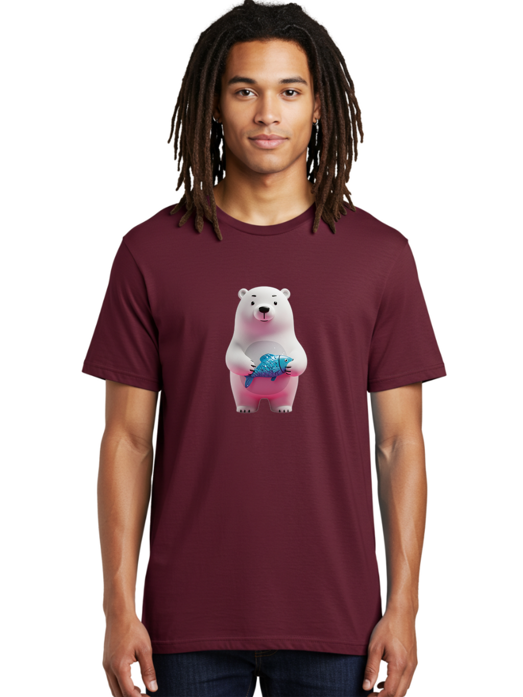 Polar-Bear Men'S Graphic Tee, 100% Cotton, Comfortable Casual Summer Wear, Machine Washable, White Polar Bear, Blue Fish, Cartoon Character, 3D Illustration, Playful Scene, Cute Bear, Underwater Friend, Sea Creature, Adorable, Childlike Charm, Bae679