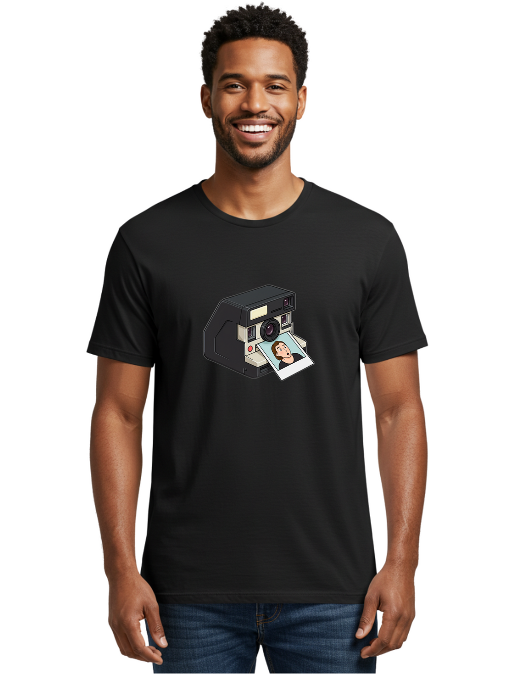 Polaroid-Camera-3 Men'S Graphic Tee, 100% Cotton, Comfortable Casual Summer Wear, Machine Washable, Vintage Camera, Instant Photography, Retro Style, Shocked Expression, Cartoon Character, Nostalgic Feel, Casual Portrait, Surprised Face, Bae683
