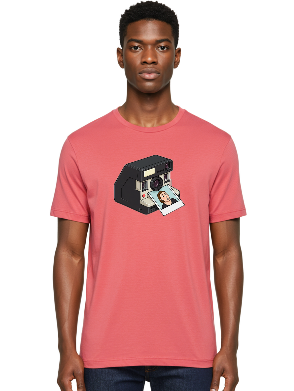 Polaroid-Camera-3 Men'S Graphic Tee, 100% Cotton, Comfortable Casual Summer Wear, Machine Washable, Vintage Camera, Instant Photography, Retro Style, Shocked Expression, Cartoon Character, Nostalgic Feel, Casual Portrait, Surprised Face, Bae683