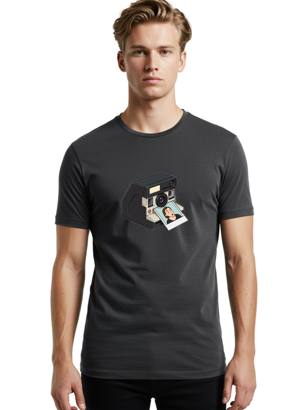 Polaroid-Camera-3 Men'S Graphic Tee, 100% Cotton, Comfortable Casual Summer Wear, Machine Washable, Vintage Camera, Instant Photography, Retro Style, Shocked Expression, Cartoon Character, Nostalgic Feel, Casual Portrait, Surprised Face, Bae683