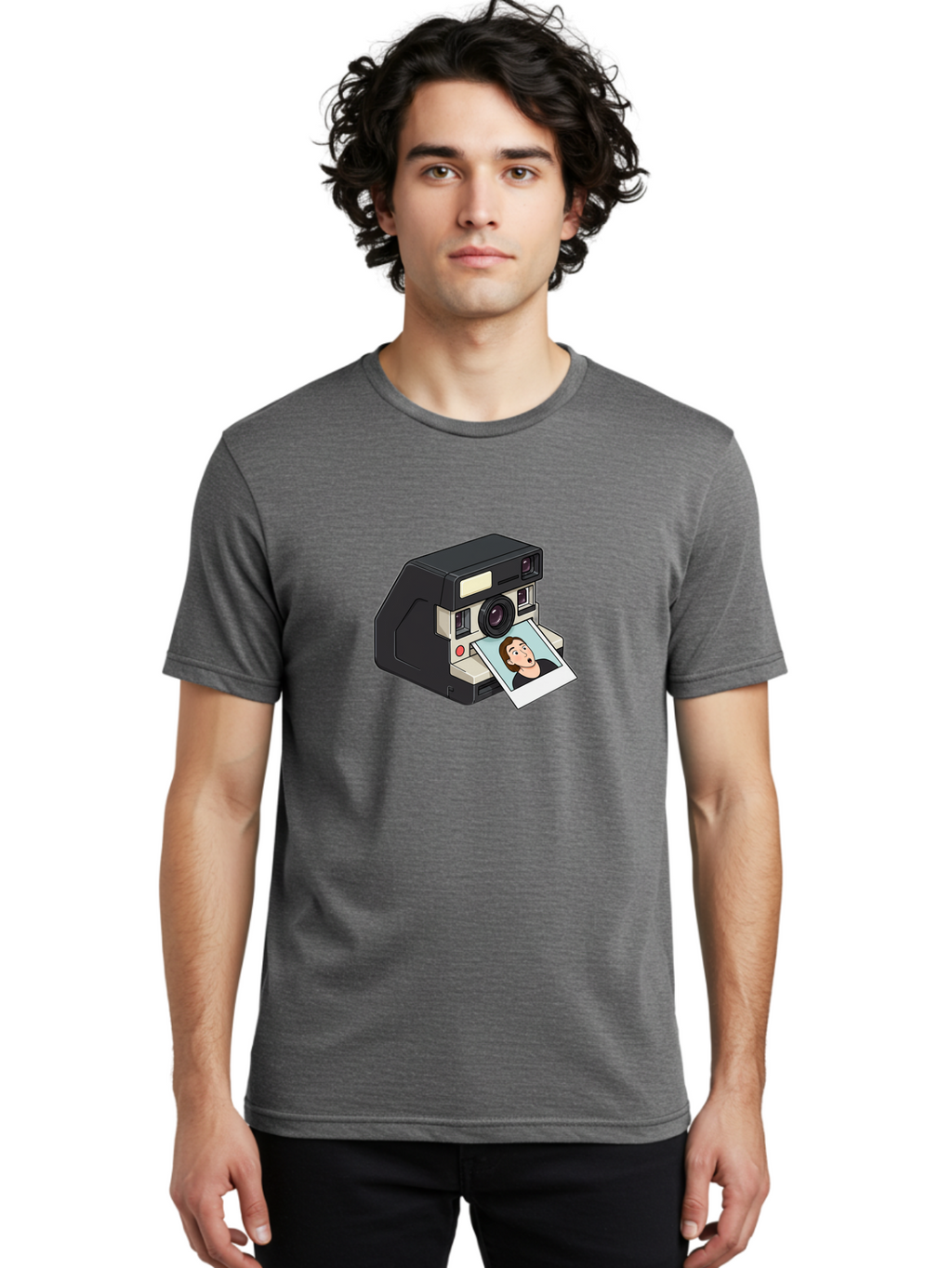 Polaroid-Camera-3 Men'S Graphic Tee, 100% Cotton, Comfortable Casual Summer Wear, Machine Washable, Vintage Camera, Instant Photography, Retro Style, Shocked Expression, Cartoon Character, Nostalgic Feel, Casual Portrait, Surprised Face, Bae683
