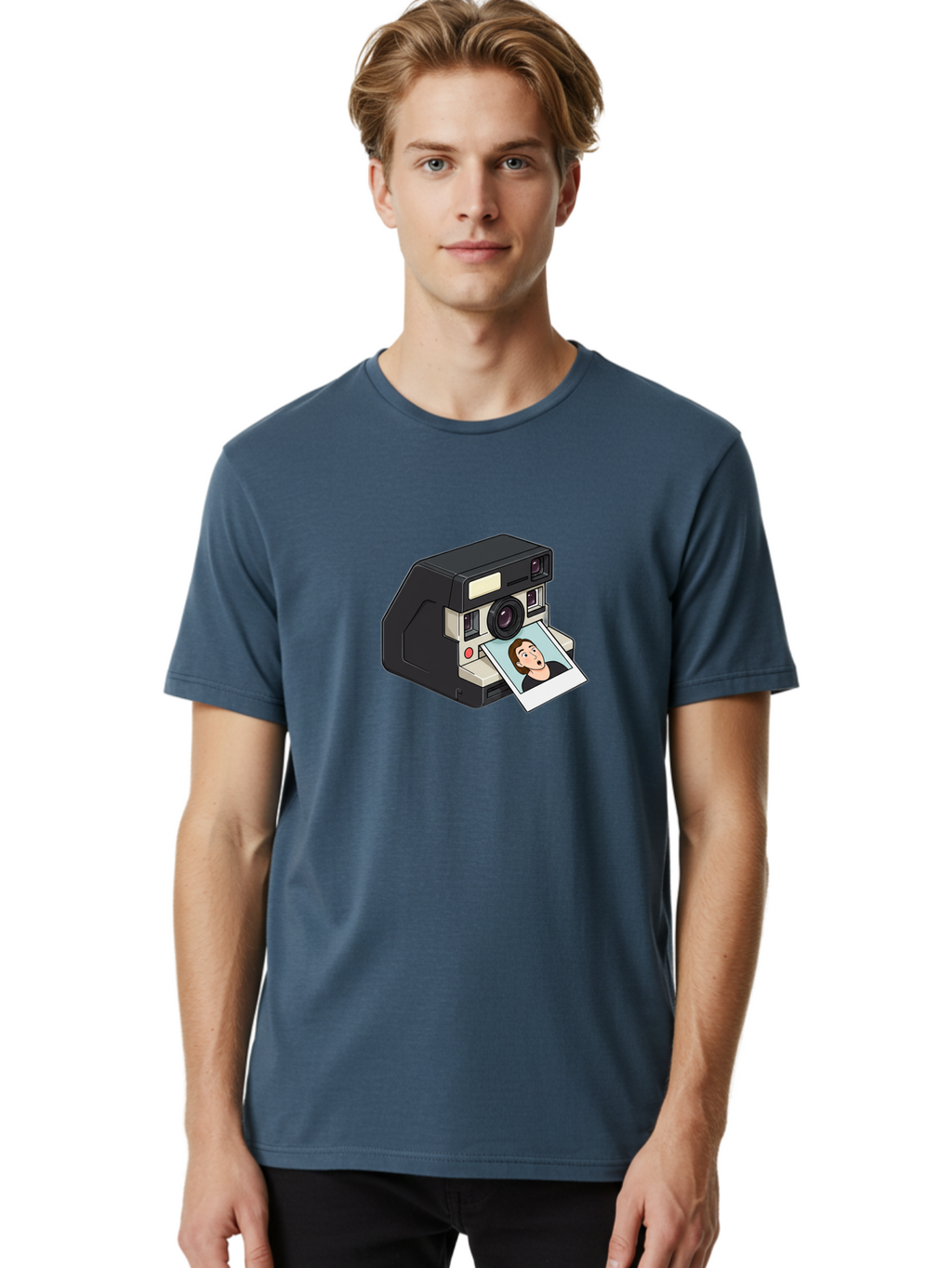 Polaroid-Camera-3 Men'S Graphic Tee, 100% Cotton, Comfortable Casual Summer Wear, Machine Washable, Vintage Camera, Instant Photography, Retro Style, Shocked Expression, Cartoon Character, Nostalgic Feel, Casual Portrait, Surprised Face, Bae683